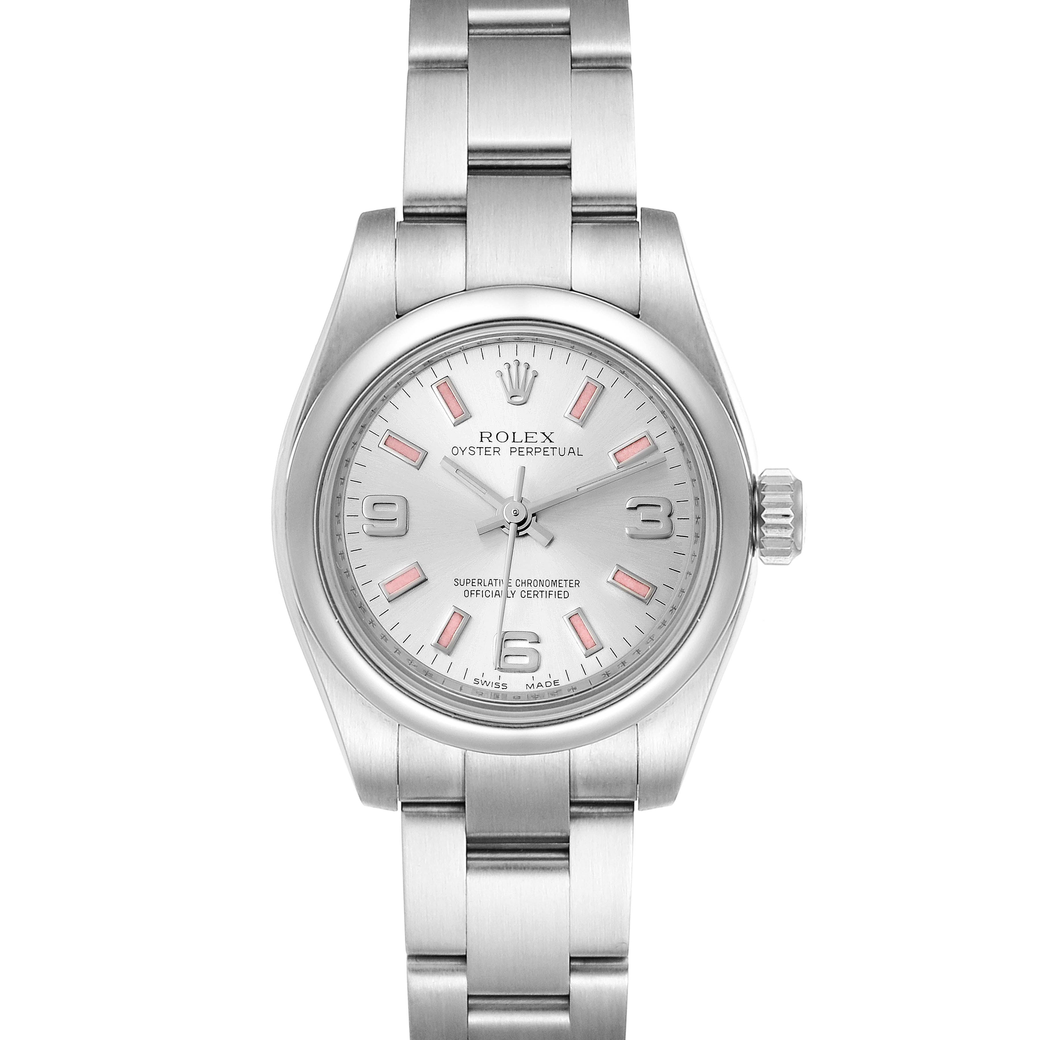 The image shows a front-facing view of a Rolex Oyster Perpetual 176200 Women's Stainless Steel Silver Dial 176200 Women's Stainless Steel Silver Dial watch, displaying its dial, bezel, and bracelet.