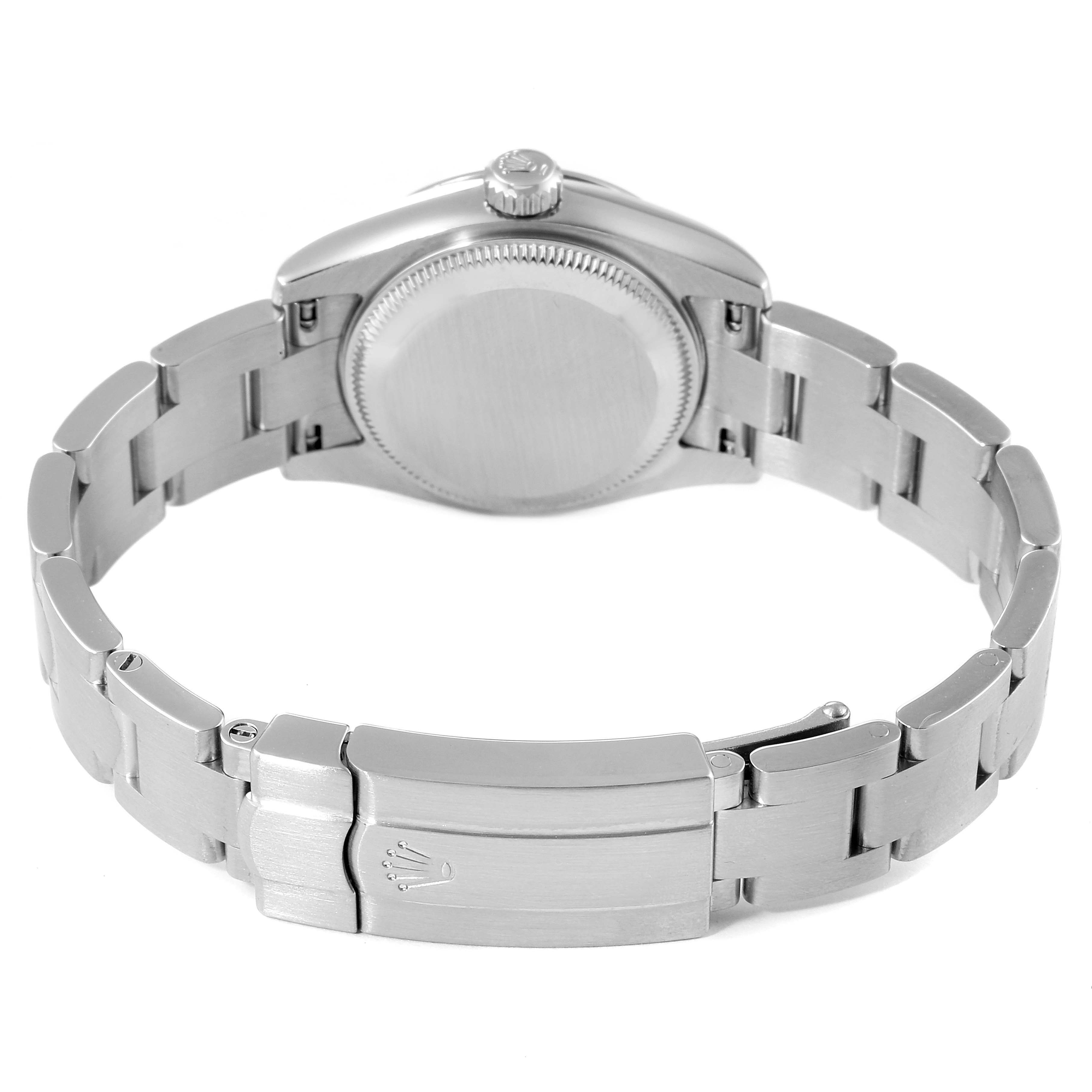 The image shows the back view of a Rolex Oyster Perpetual 176200 Women's Stainless Steel Silver Dial 176200 Women's Stainless Steel Silver Dial watch, focusing on the case back and bracelet with the clasp closed.