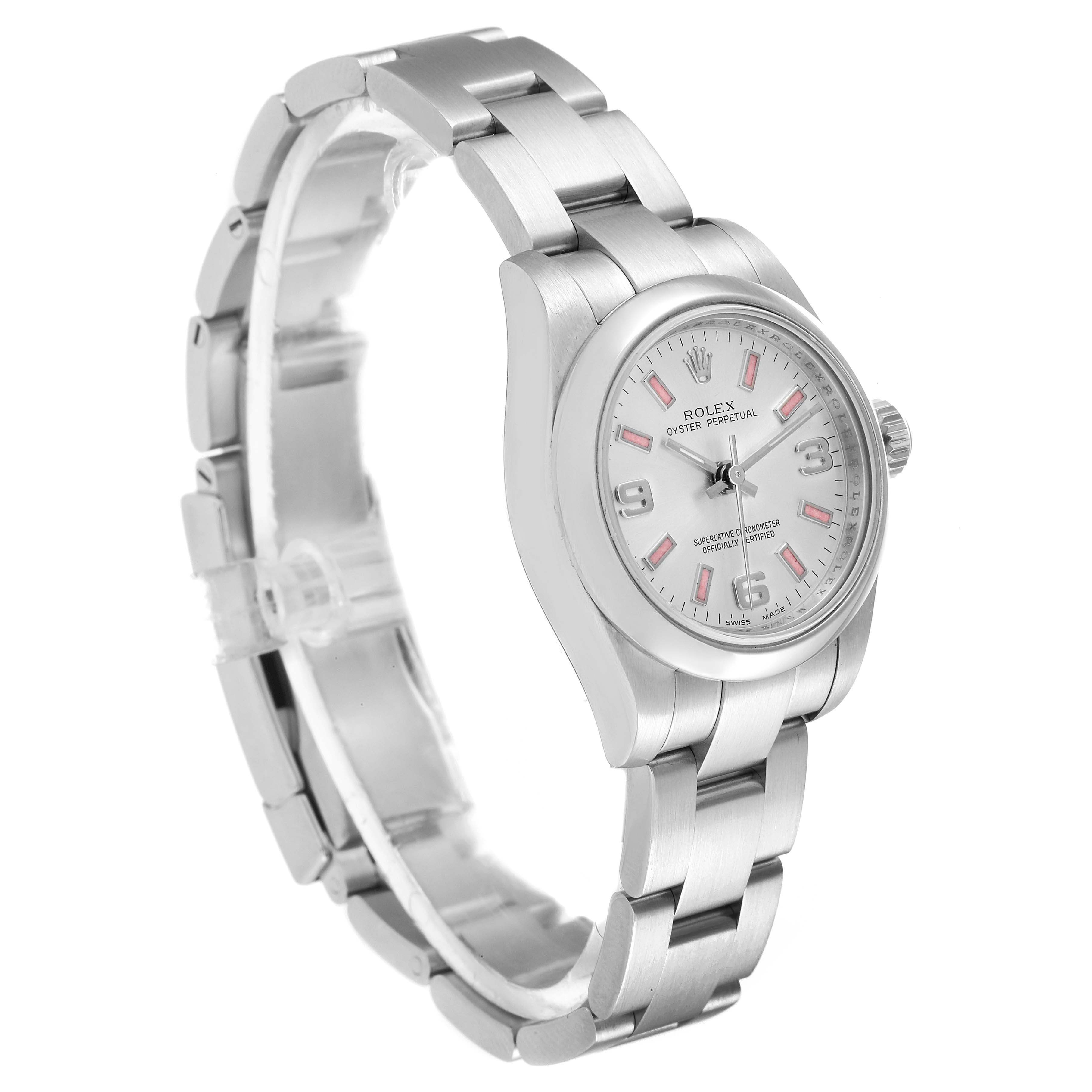 The Rolex Oyster Perpetual 176200 Women's Stainless Steel Silver Dial 176200 Women's Stainless Steel Silver Dial watch is shown at a slight angle, displaying its dial, bezel, case, and bracelet.