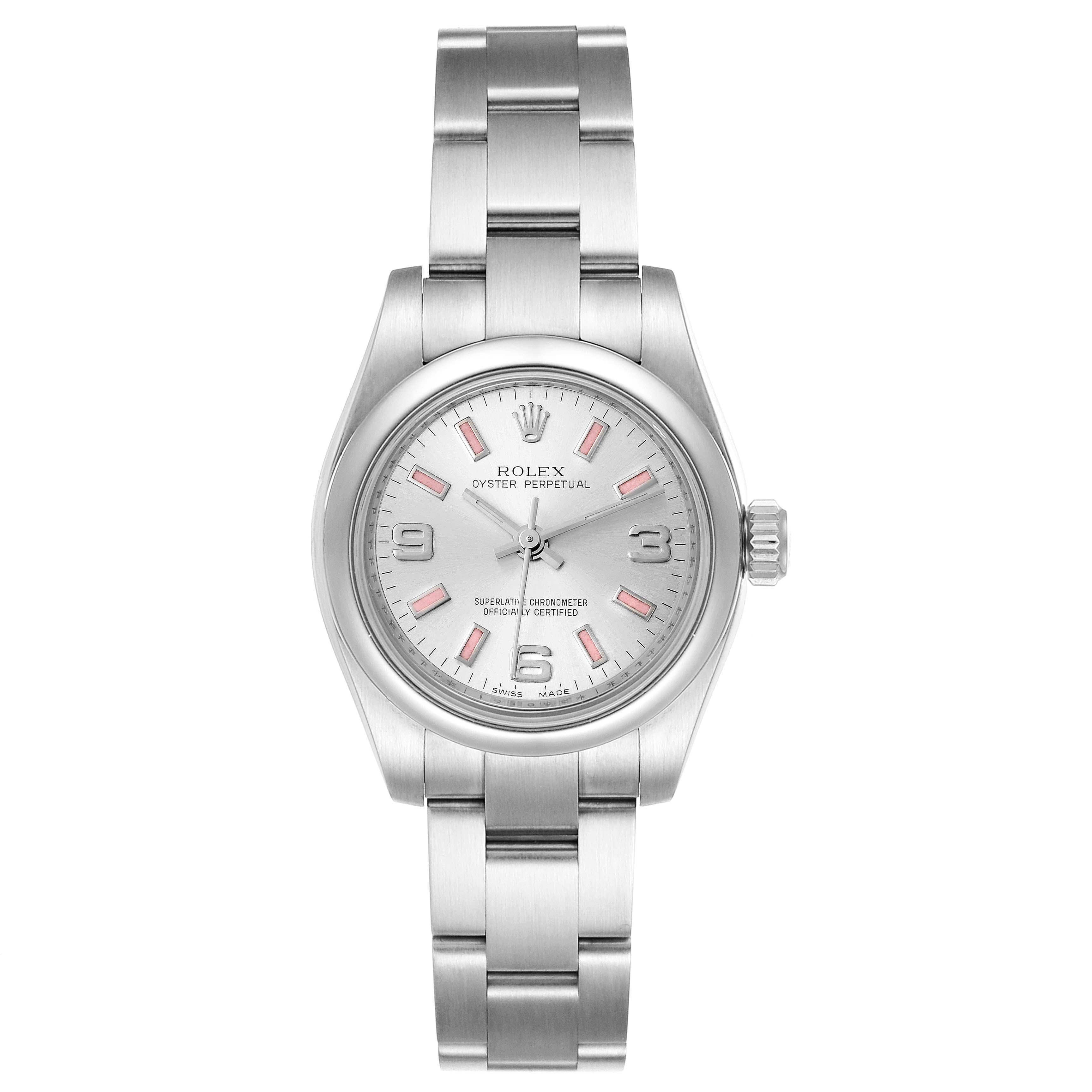 This image shows a front view of a Rolex Oyster Perpetual 176200 Women's Stainless Steel Silver Dial 176200 Women's Stainless Steel Silver Dial watch, highlighting its dial, hands, and bracelet.