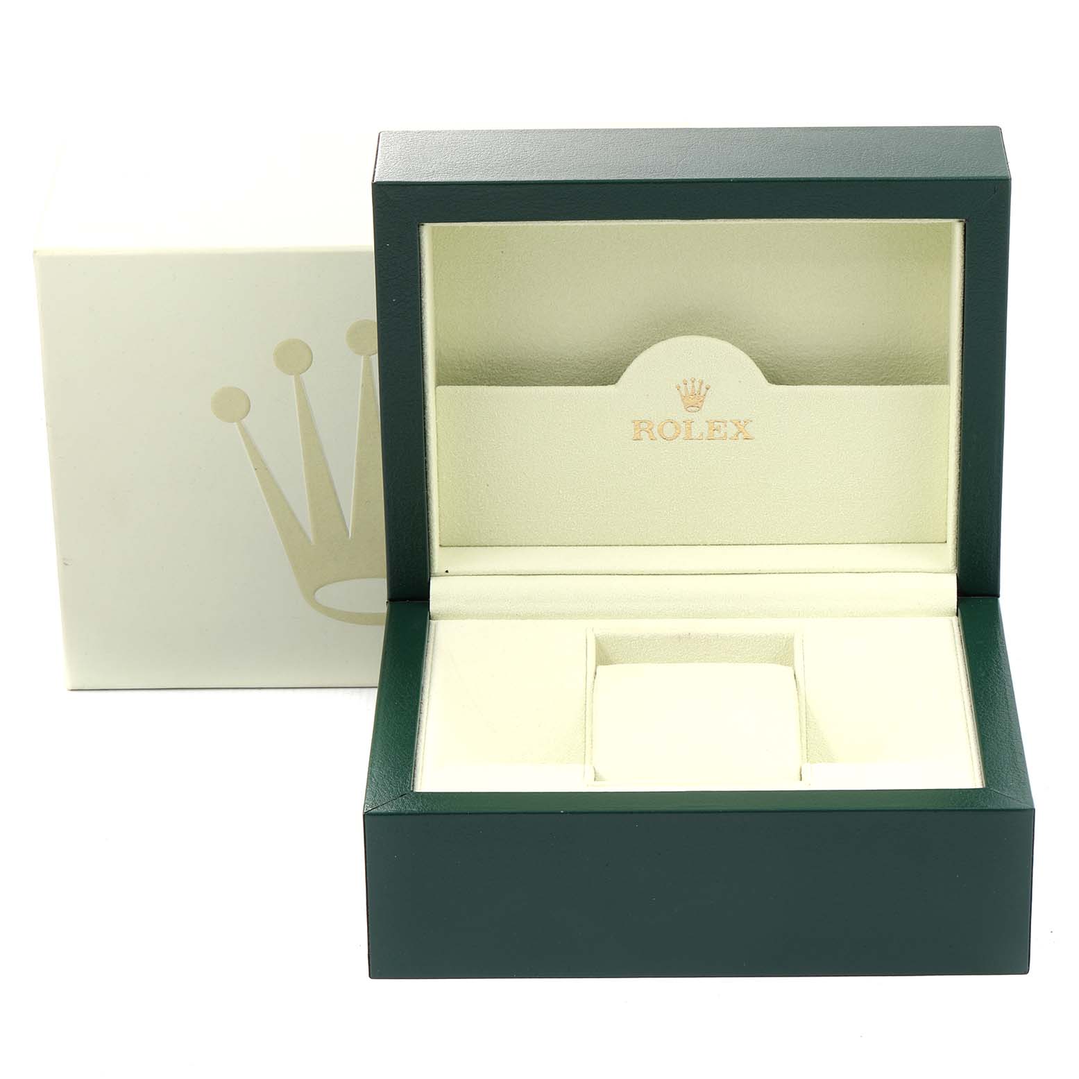 The image shows an open Rolex box for the Oyster Perpetual model, displaying the interior padding and logo.