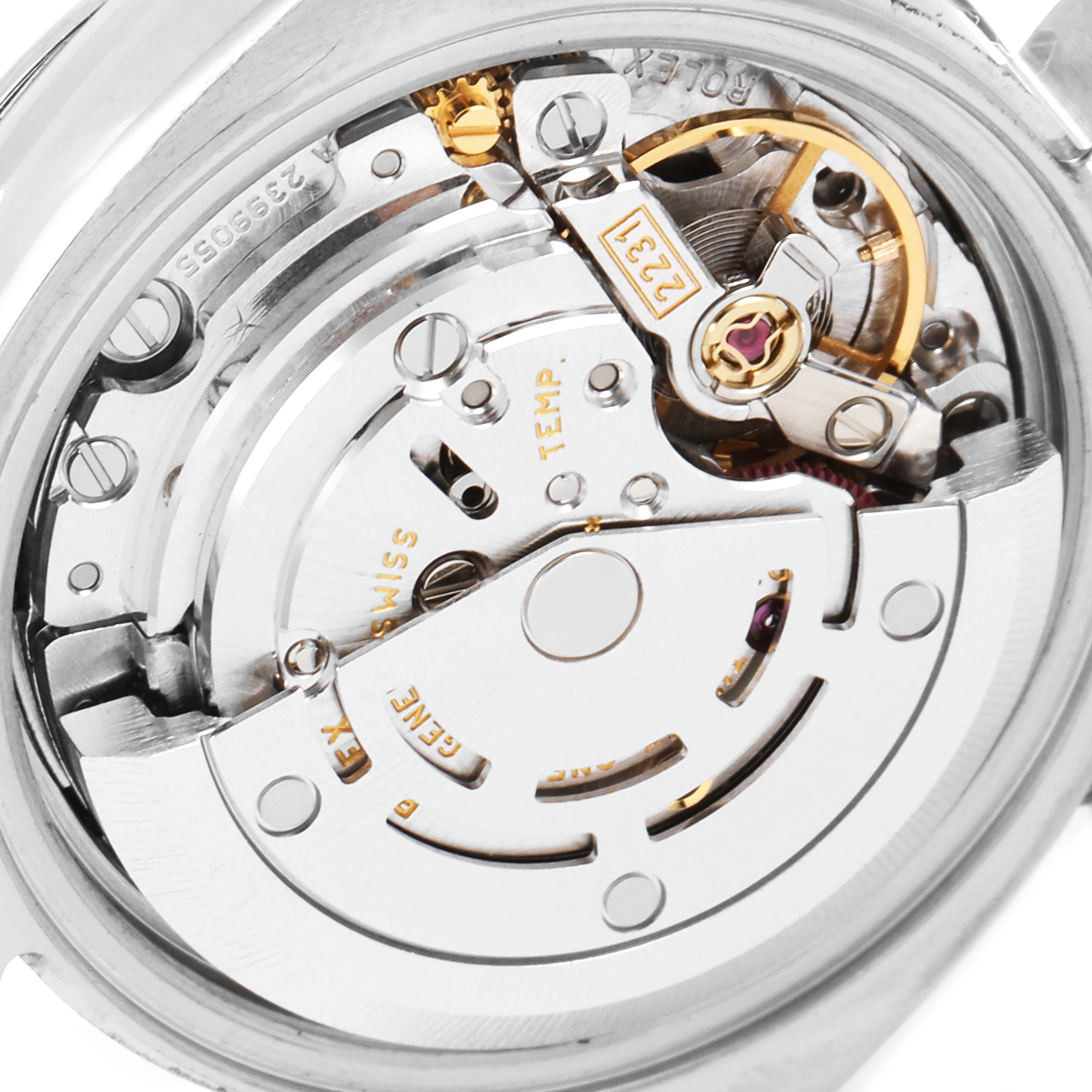 The image shows the internal mechanical movement of a Rolex Oyster Perpetual 176200 Women's Stainless Steel Silver Dial 176200 Women's Stainless Steel Silver Dial watch, viewed from the back.