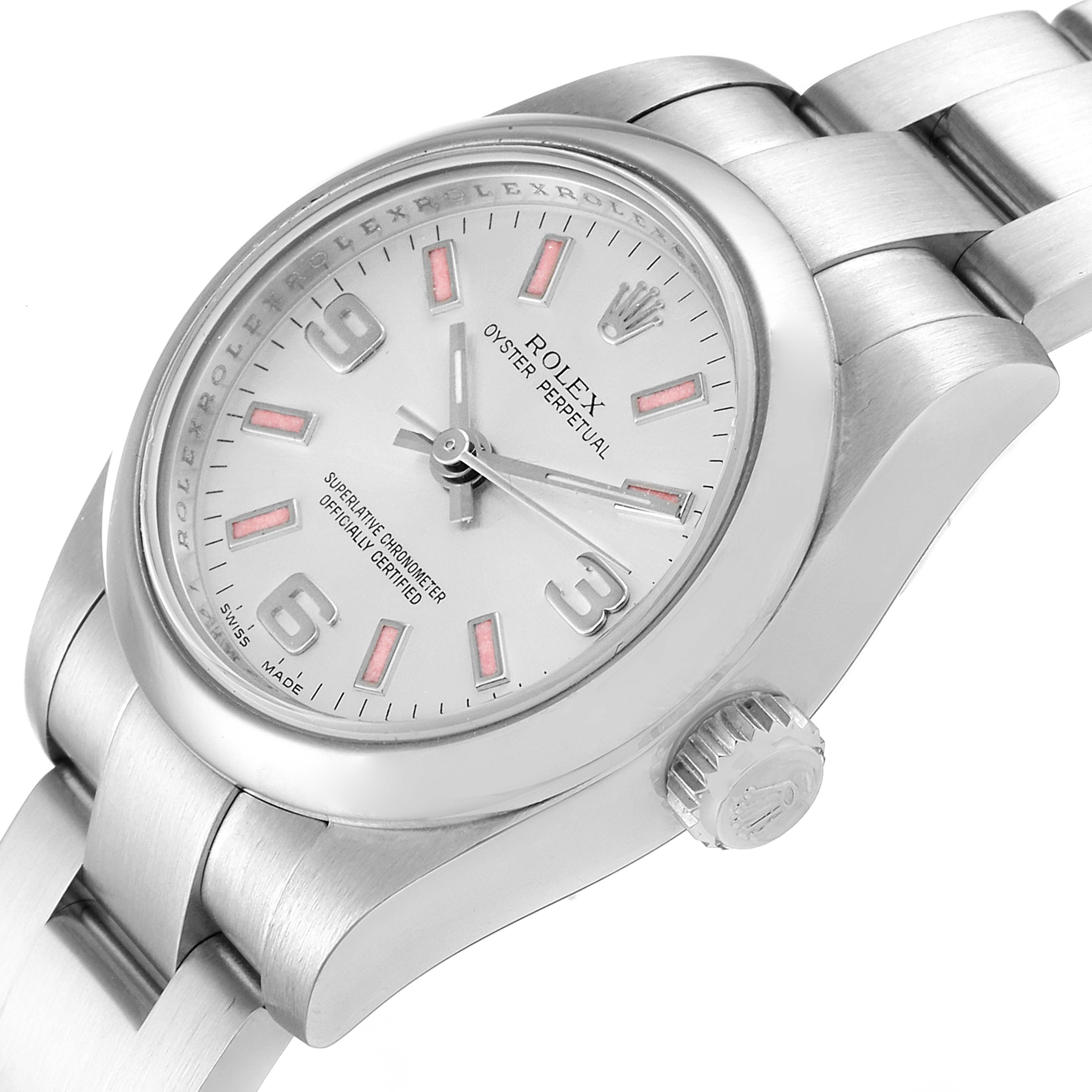 The image shows a close-up, angled view of a Rolex Oyster Perpetual 176200 Women's Stainless Steel Silver Dial 176200 Women's Stainless Steel Silver Dial watch, highlighting the dial, crown, and part of the bracelet.