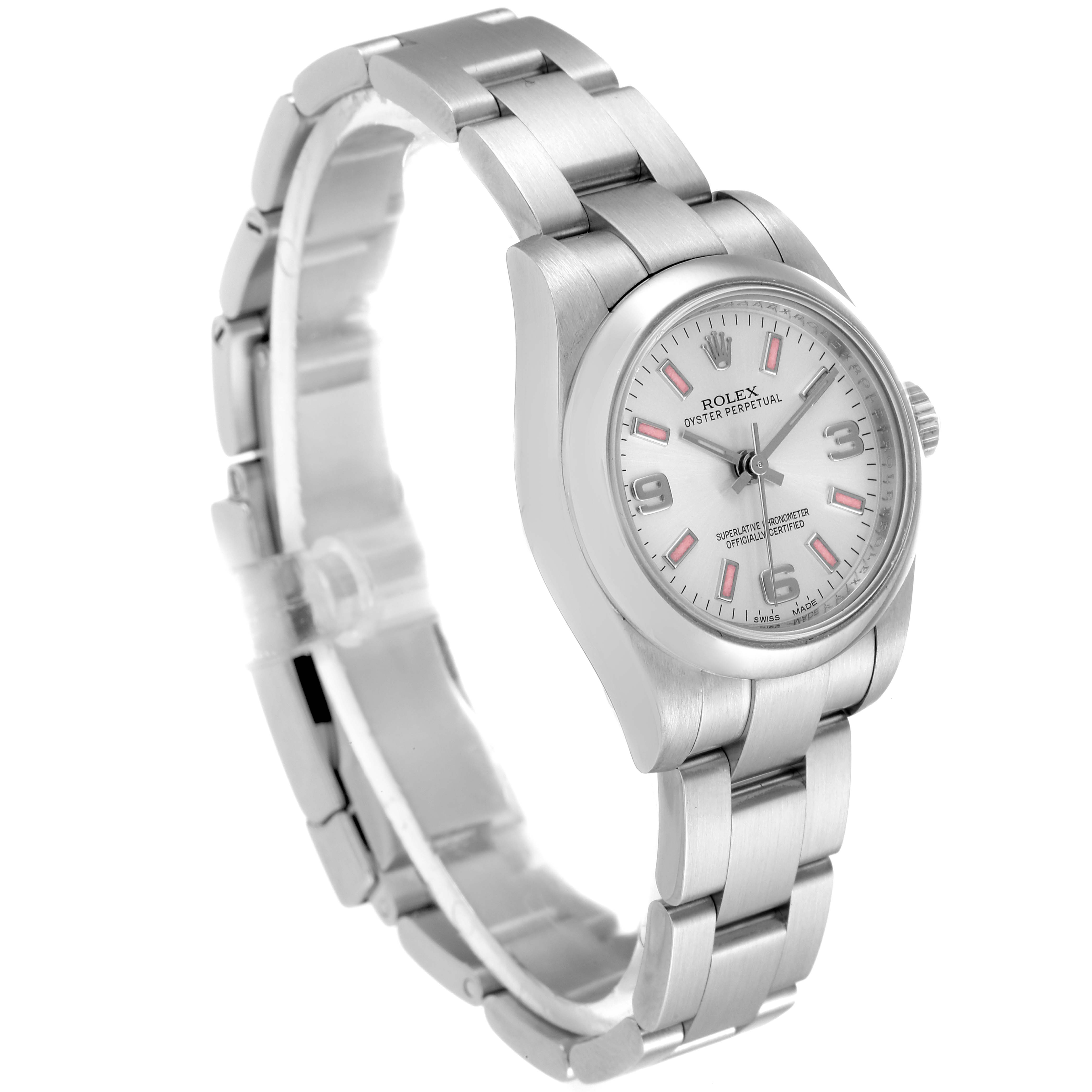 The Rolex Oyster Perpetual 176200 Women's Stainless Steel Silver Dial 176200 Women's Stainless Steel Silver Dial watch is shown from a three-quarter angle displaying the face, bezel, and part of the bracelet.