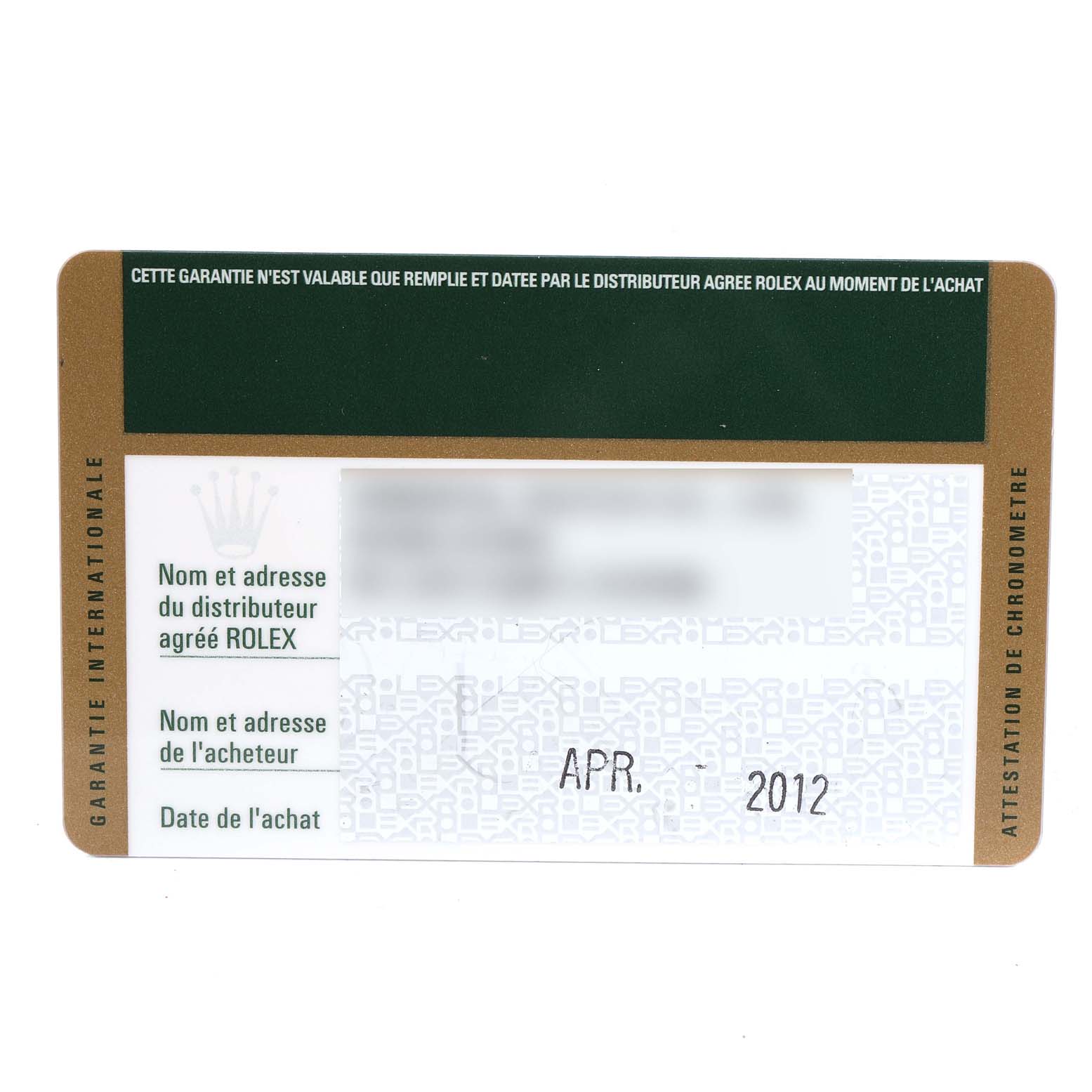 The image shows a warranty card for a Rolex Oyster Perpetual 176200 Women's Stainless Steel Silver Dial 176200 Women's Stainless Steel Silver Dial watch, dated April 2012.