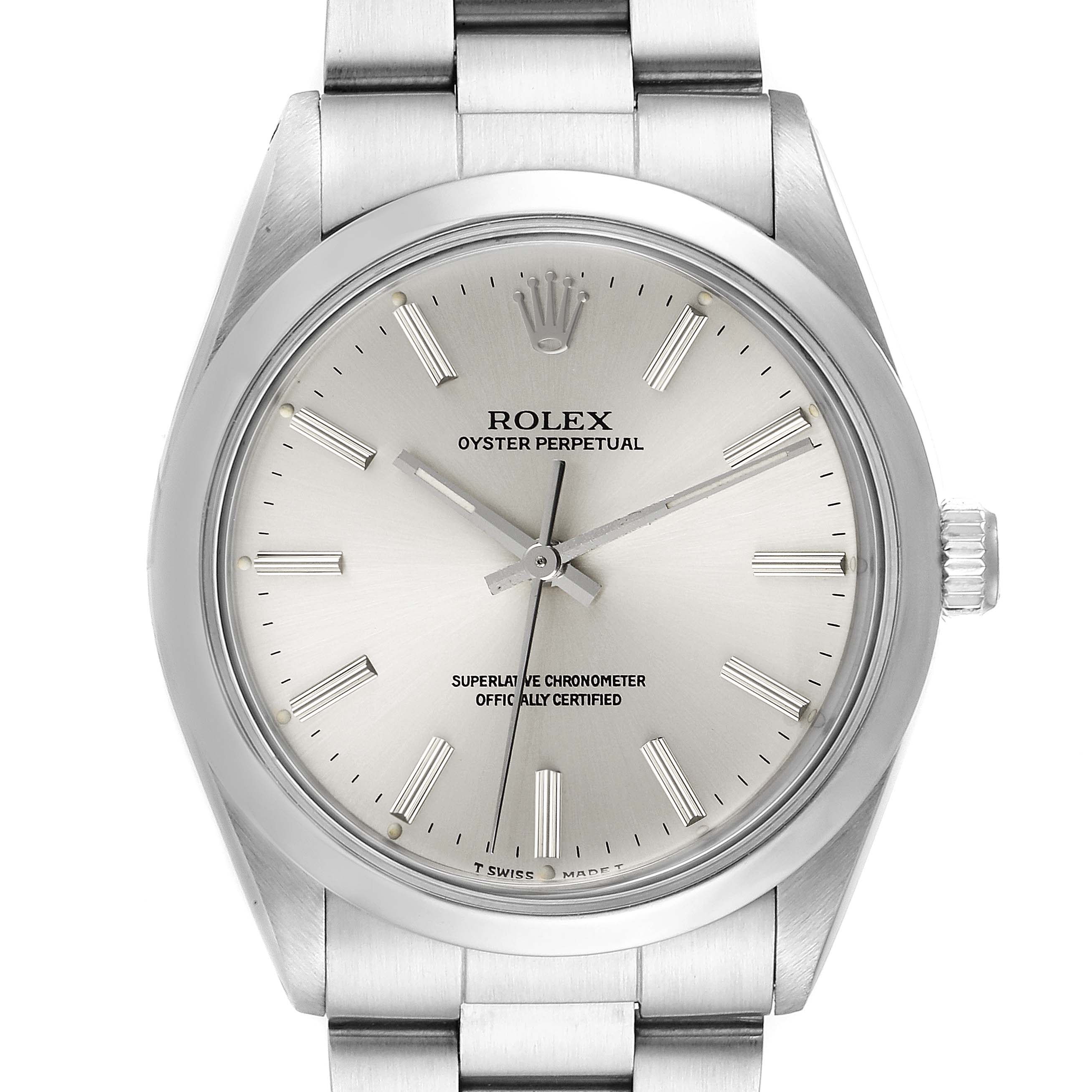 The image shows a front view of a Rolex Vintage Collection 1002 Men
s Stainless Steel Silver Dial 1002 Men
s Stainless Steel Silver Dial Oyster Perpetual watch, highlighting the dial, hands, and part of the bracelet.
