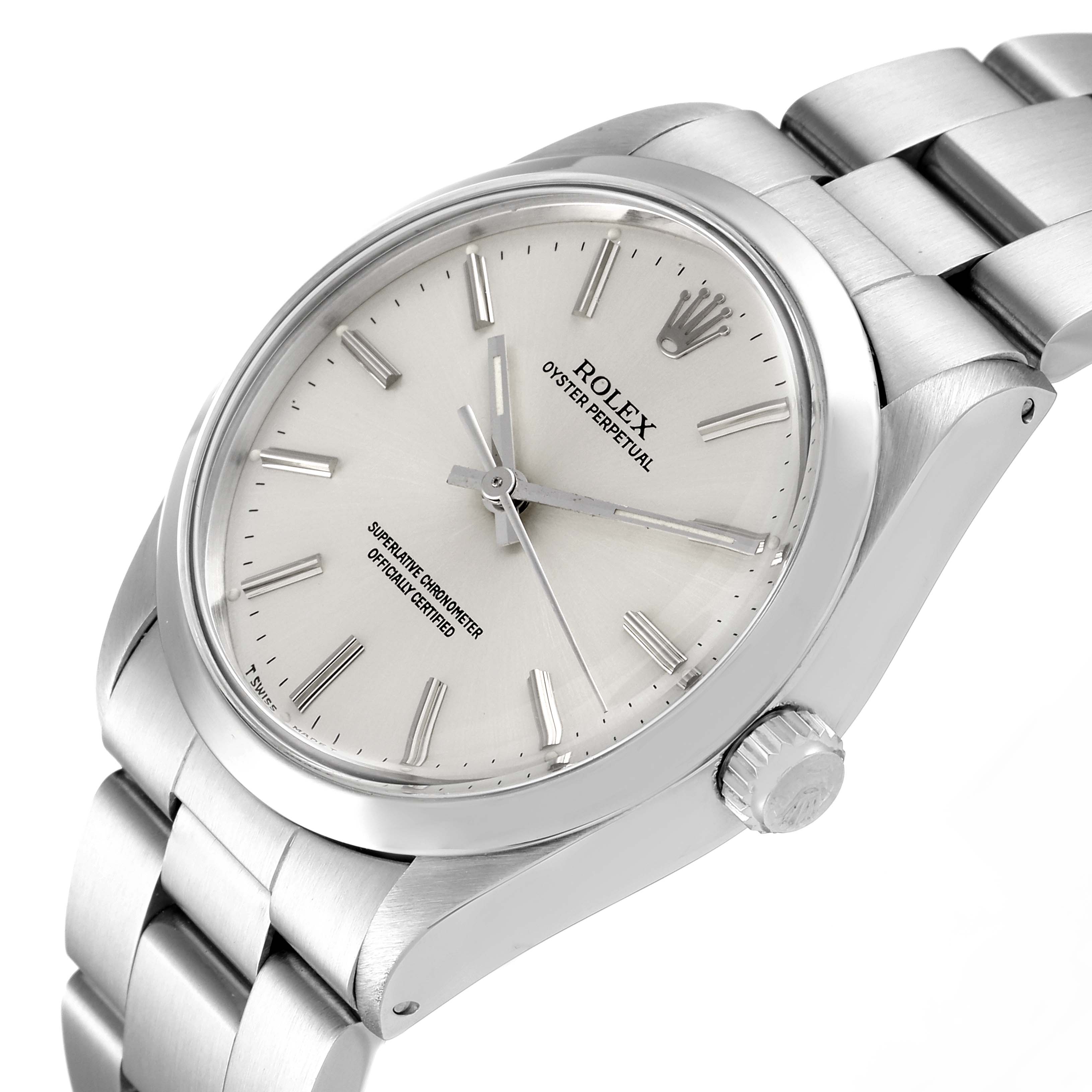The image shows a side and partial top view of the Rolex Vintage Collection 1002 Men
s Stainless Steel Silver Dial 1002 Men
s Stainless Steel Silver Dial watch, highlighting its dial, bezel, and bracelet.