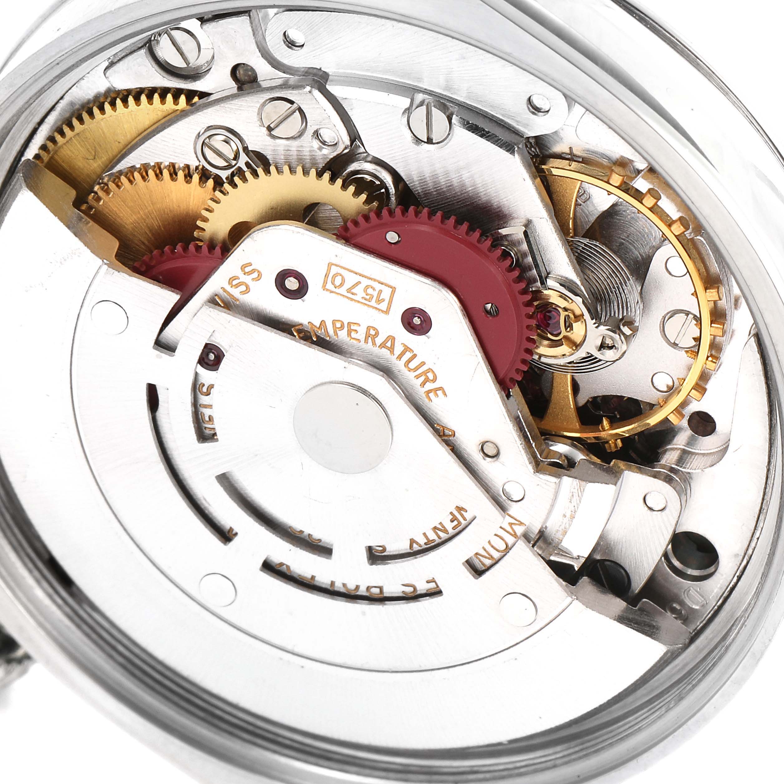 The image shows a close-up view of the internal mechanism of the Rolex Vintage Collection 1002 Men
s Stainless Steel Silver Dial 1002 Men
s Stainless Steel Silver Dial watch.