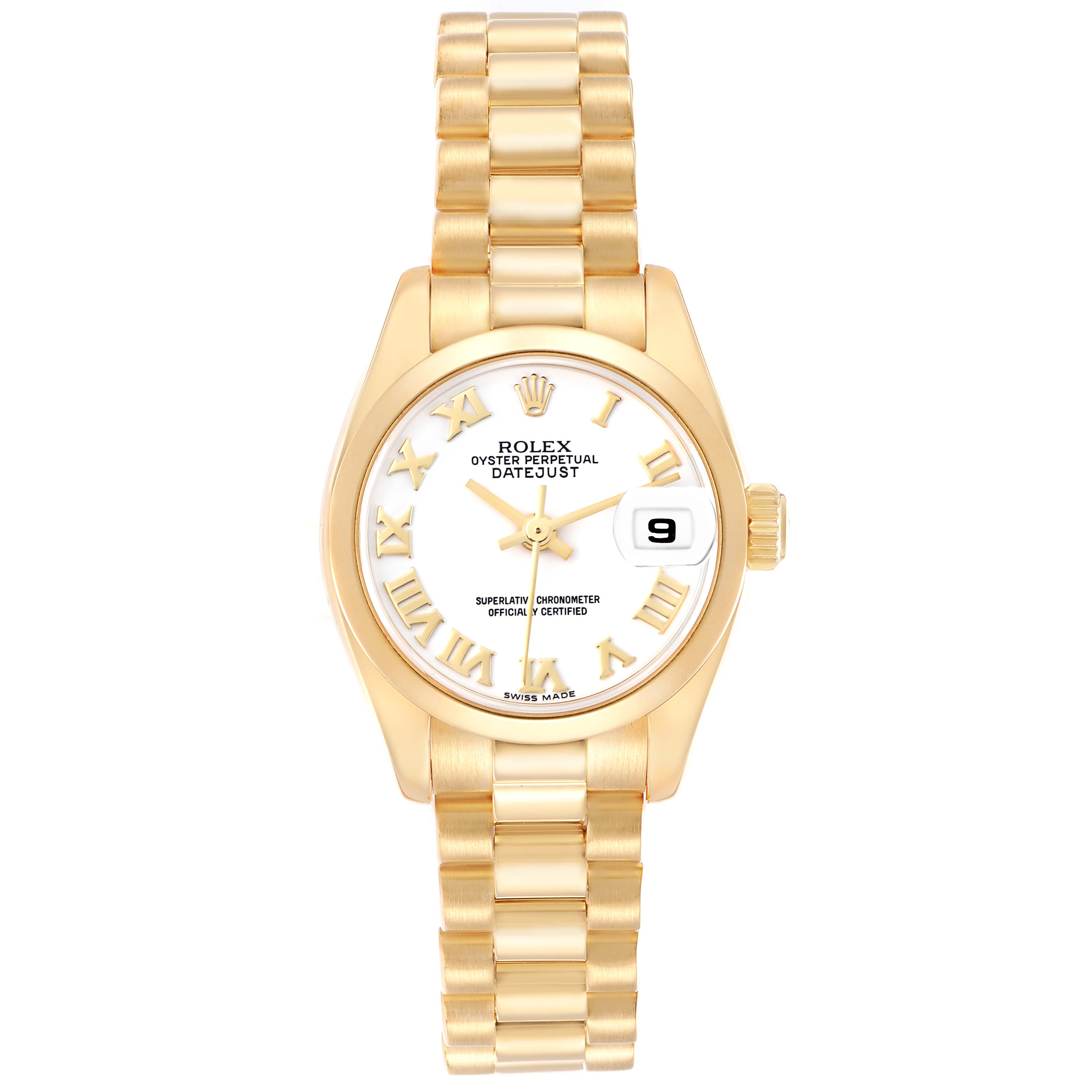 The Rolex President 179168 Men
s Yellow Gold White Dial model is shown from a top view, displaying the full face, dial, bracelet, and date window.