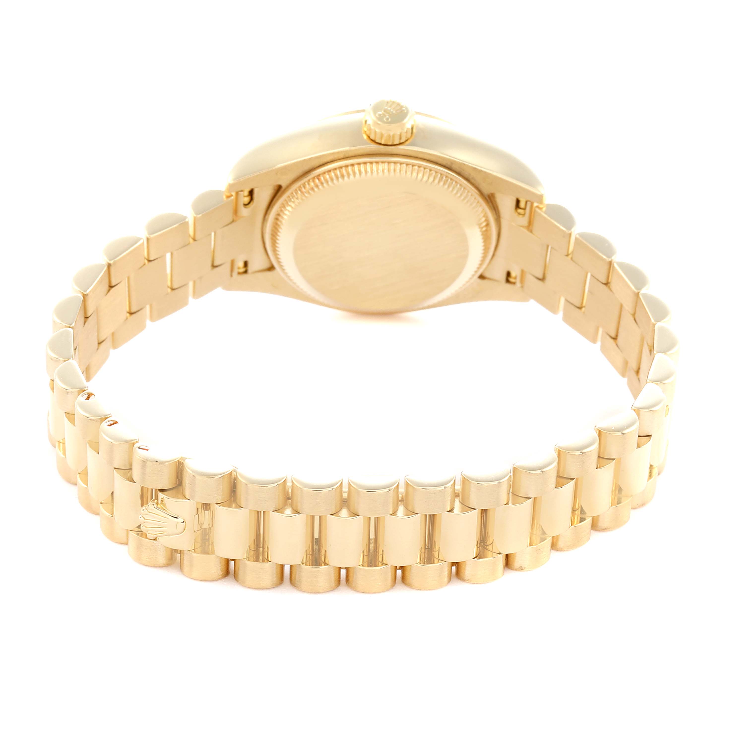 The image shows the Rolex President 179168 Men
s Yellow Gold White Dial model from the back, highlighting the bracelet, caseback, and crown.