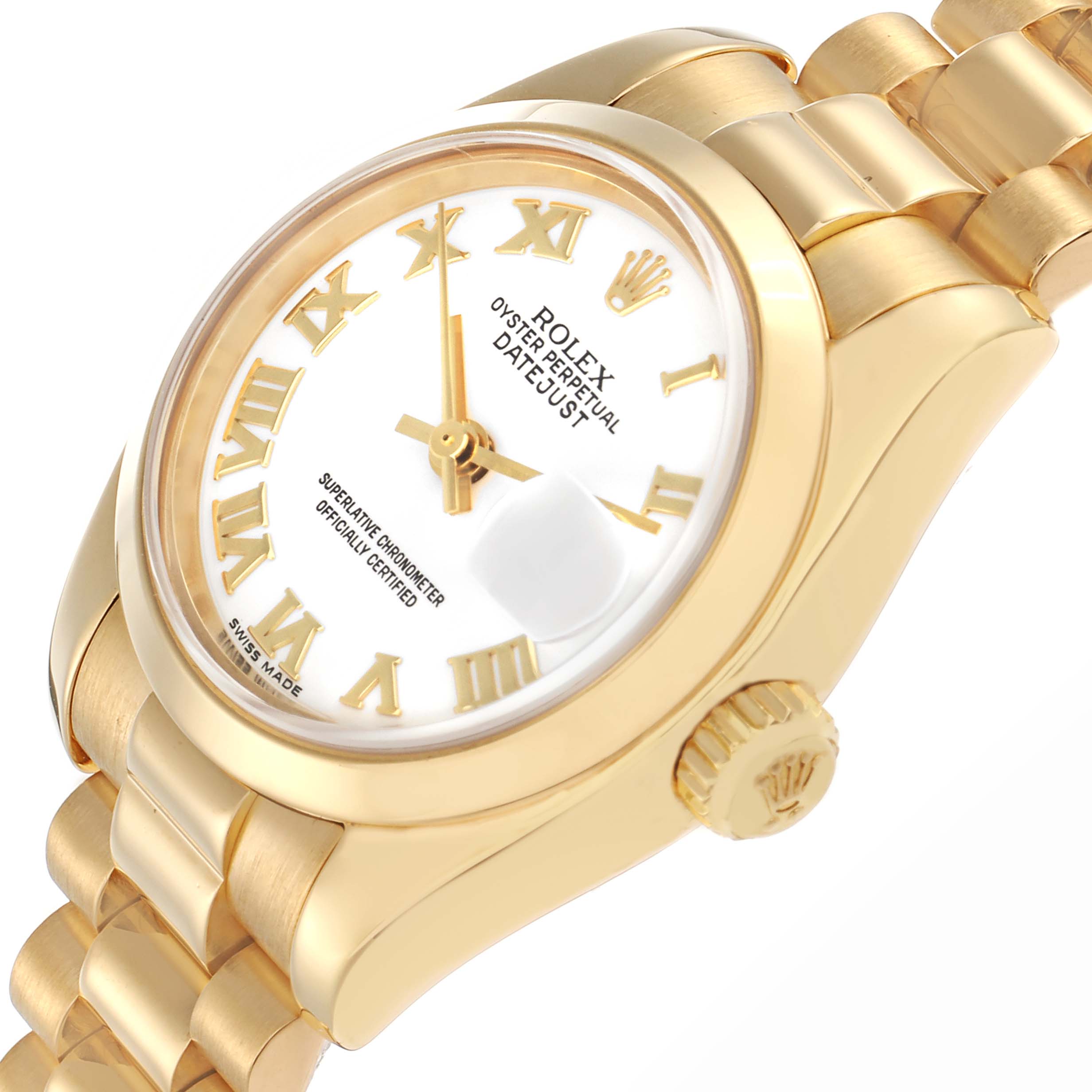 The Rolex President 179168 Men
s Yellow Gold White Dial model is shown at a slightly tilted angle, displaying the dial, crown, and part of the bracelet.