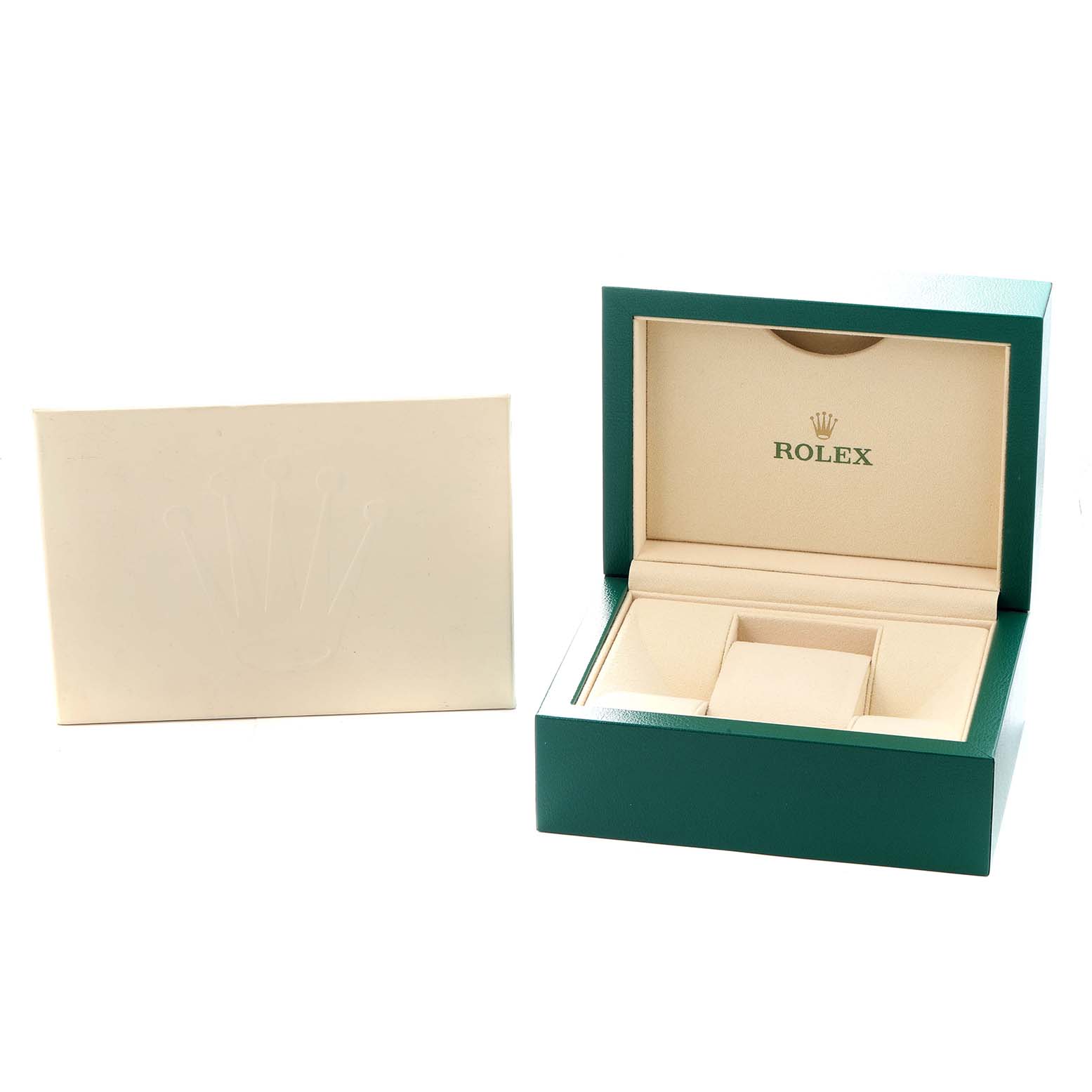 The image shows a Rolex watch box and card holder for the President model, viewed from the front with the box lid open.