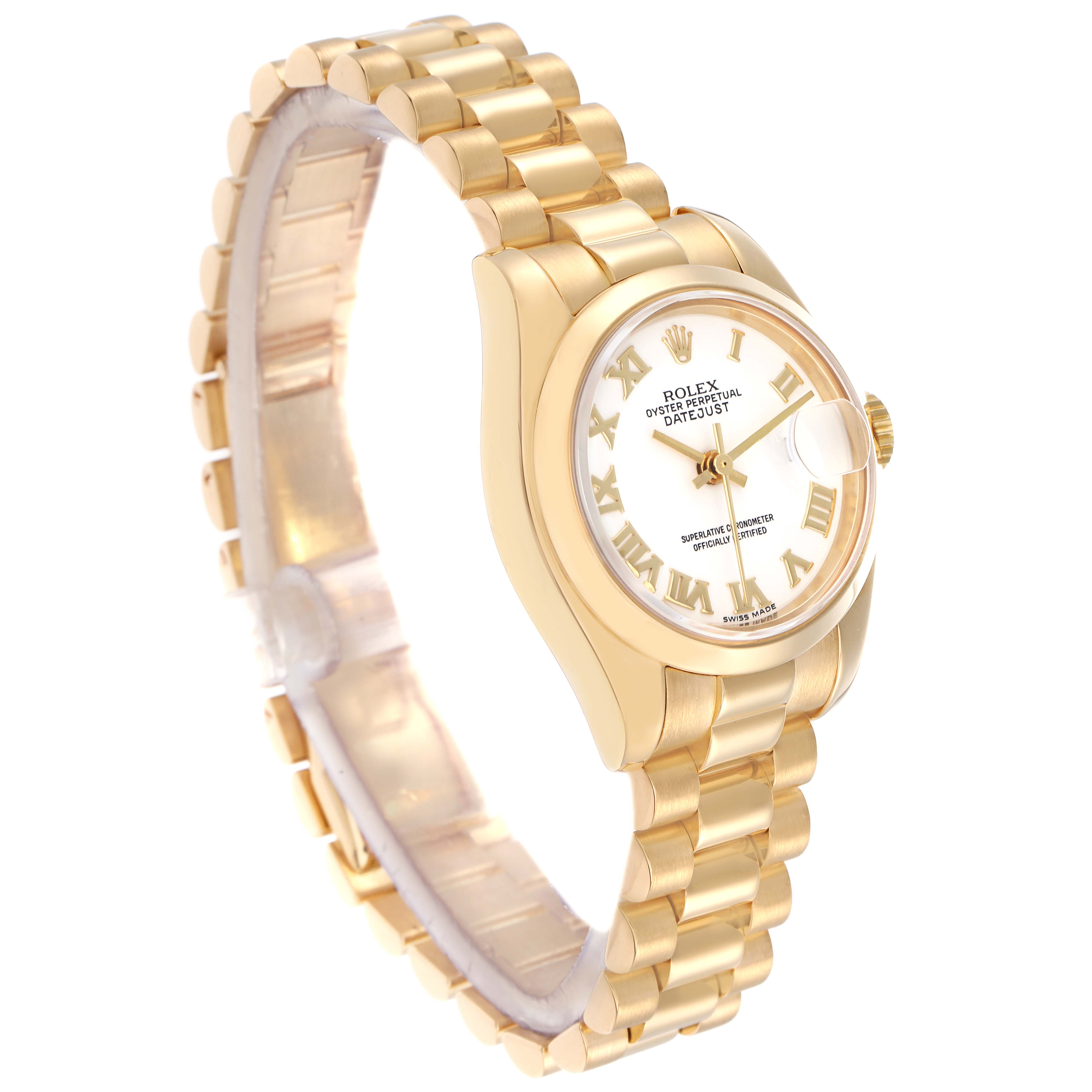 The Rolex President 179168 Men
s Yellow Gold White Dial model watch is shown at a slight angle, highlighting its bracelet, case, and face details.