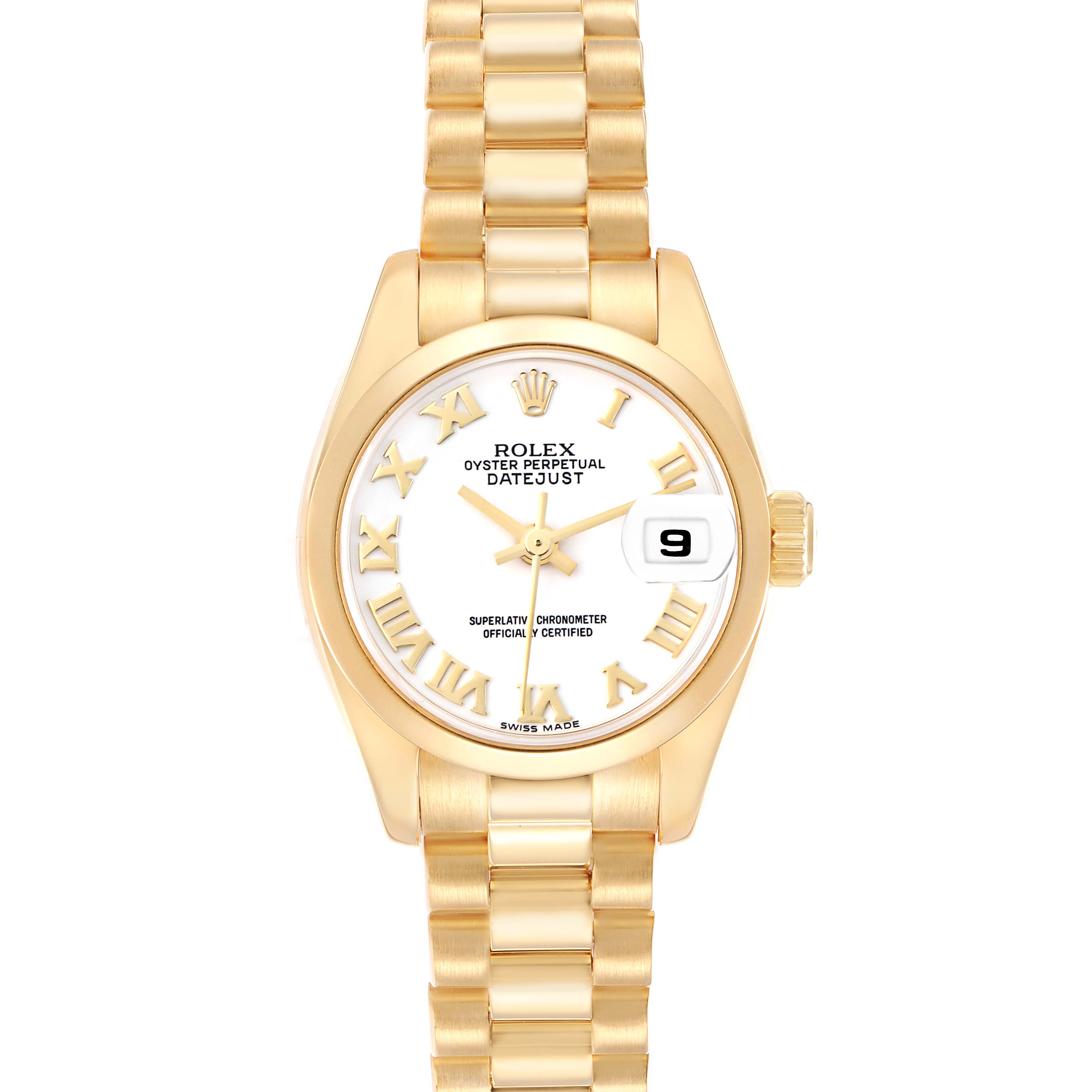 The Rolex President 179168 Men
s Yellow Gold White Dial model watch is shown from the front, displaying the dial, hands, Roman numerals, and bracelet.