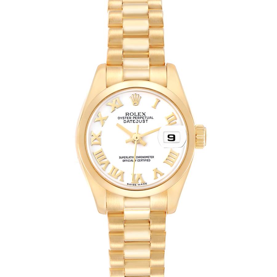 The Rolex President 179168 Men's Yellow Gold White Dial model watch is shown from the front, displaying the dial, hands, Roman numerals, and bracelet.