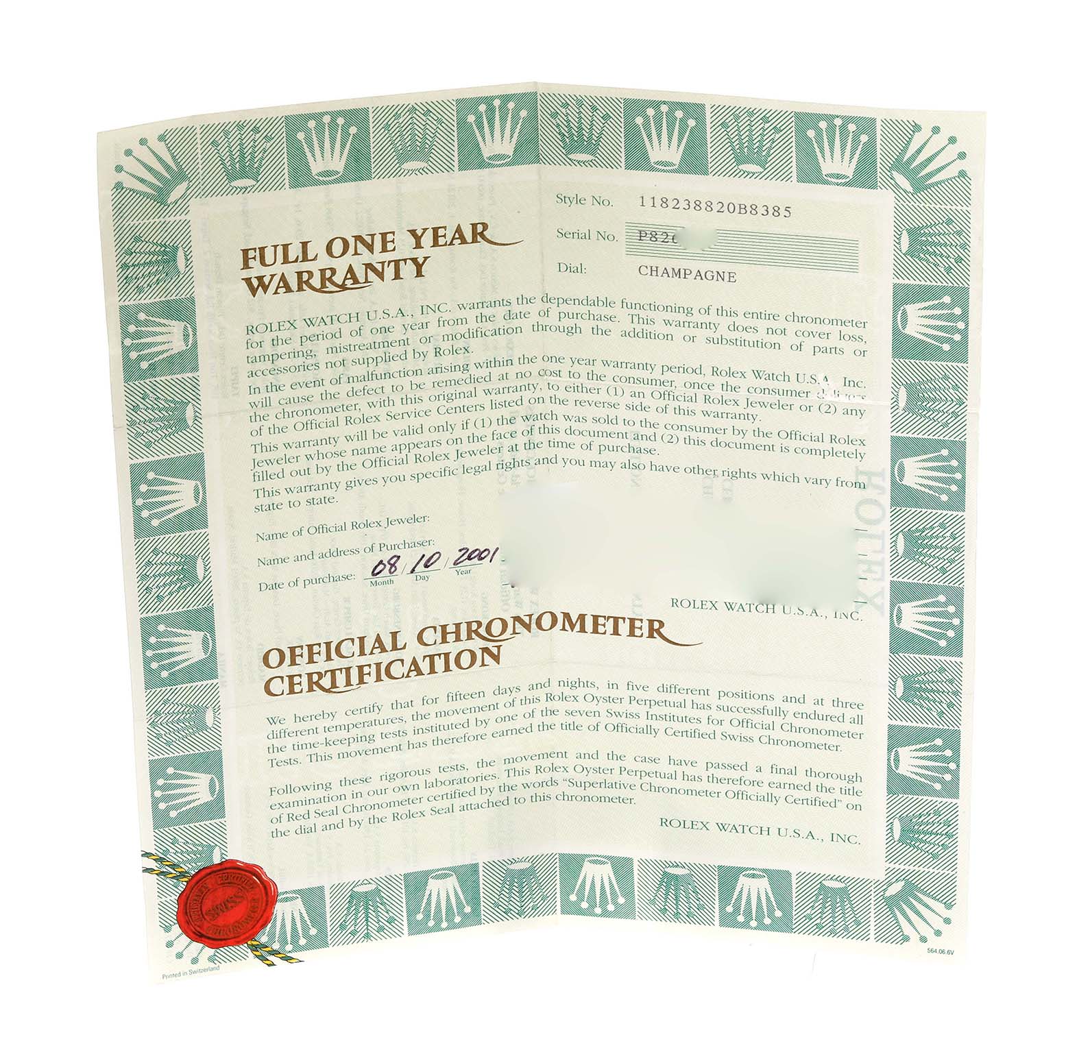 The image shows a full one-year warranty and official chronometer certification for the Rolex President 118238 Men
s Yellow Gold Champagne Dial 118238 Men
s Yellow Gold Champagne Dial model watch.