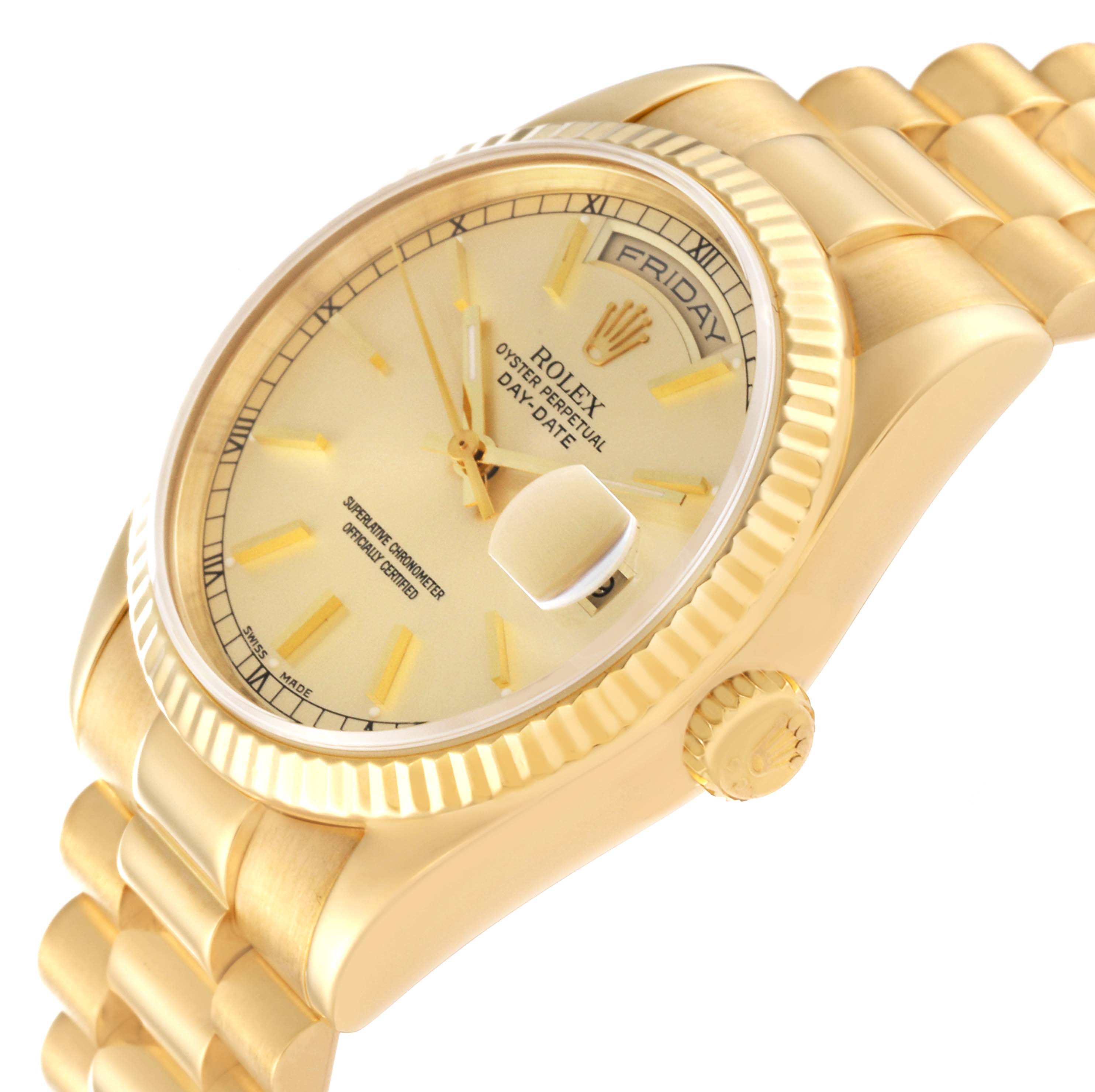 This image shows a Rolex President 118238 Men
s Yellow Gold Champagne Dial 118238 Men
s Yellow Gold Champagne Dial Day-Date watch from an oblique angle displaying its dial, fluted bezel, and part of the bracelet.