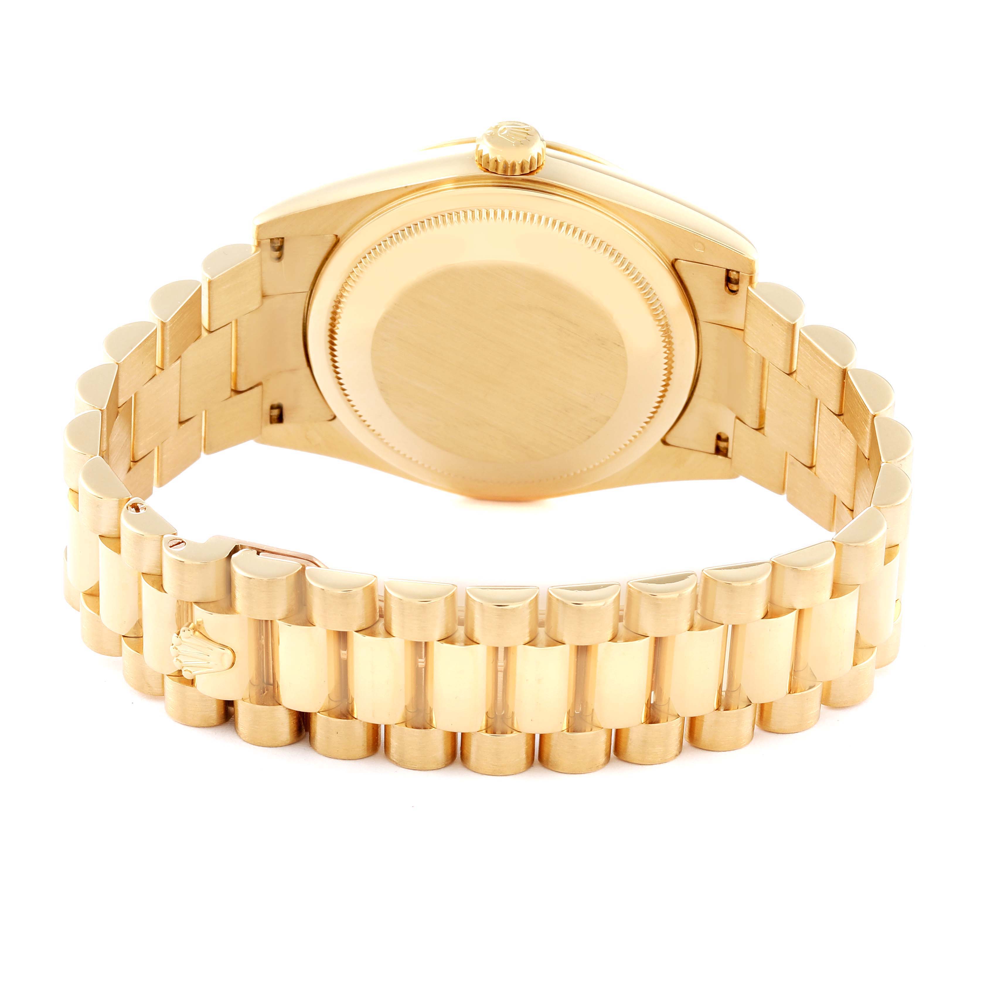 This image shows the back and bracelet of a Rolex President 118238 Men
s Yellow Gold Champagne Dial 118238 Men
s Yellow Gold Champagne Dial model watch from a rear angle.