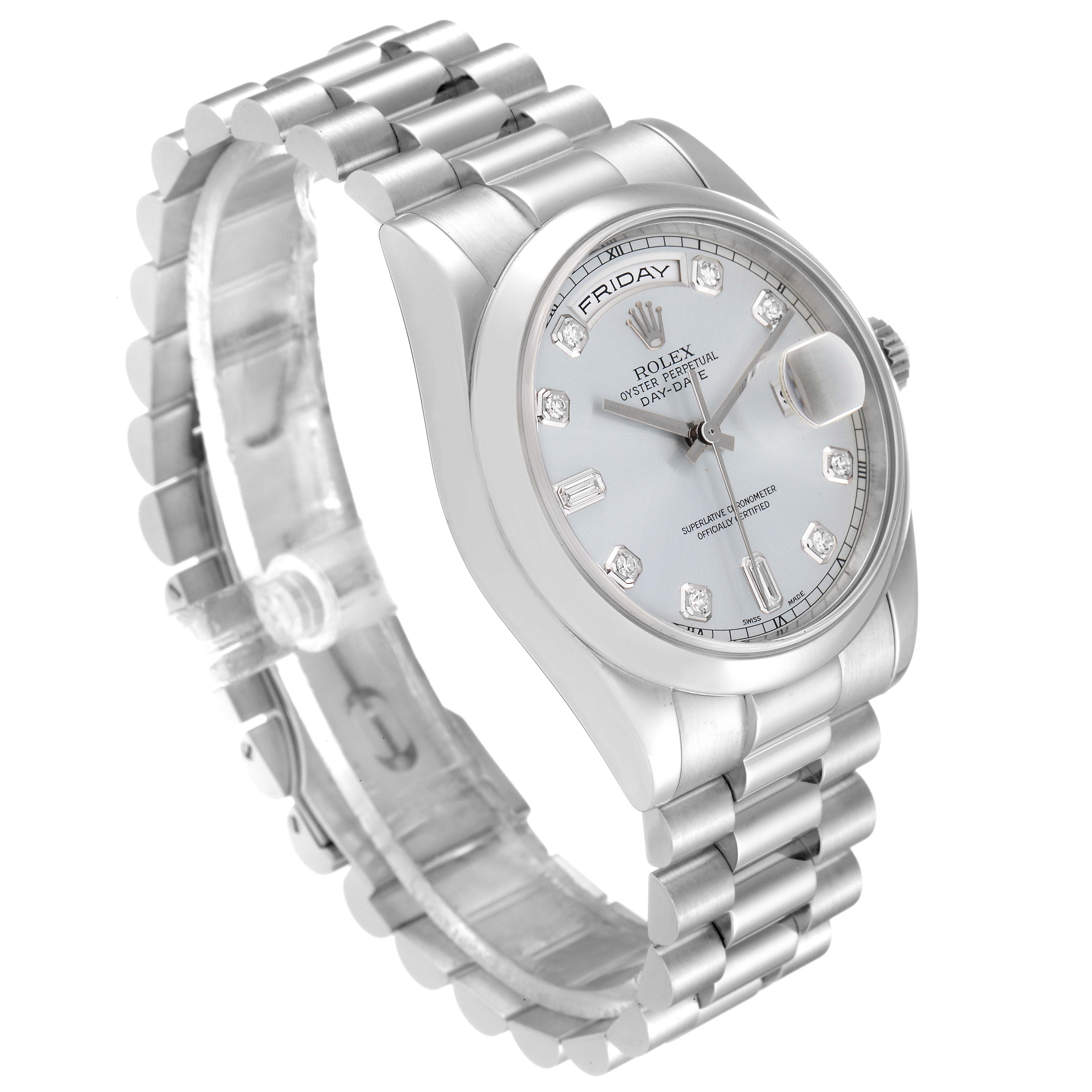 The image shows the Rolex President 118206 Men's Platinum Blue Dial 118206 Men's Platinum Blue Dial model watch from an angled side view, highlighting the bracelet and face with day-date display.