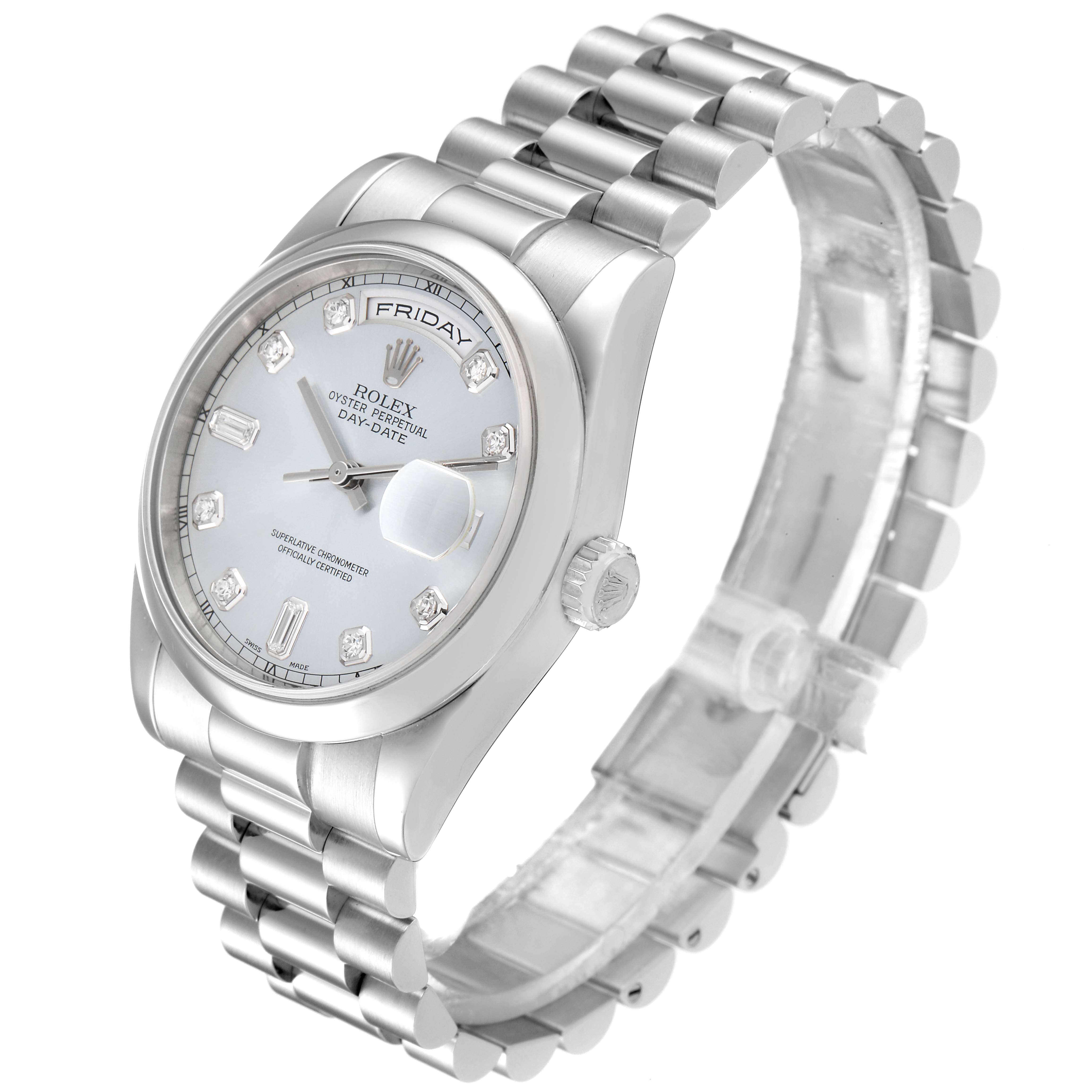 The image shows a Rolex President 118206 Men's Platinum Blue Dial 118206 Men's Platinum Blue Dial model watch at an angle highlighting its face, band, crown, and bezel.