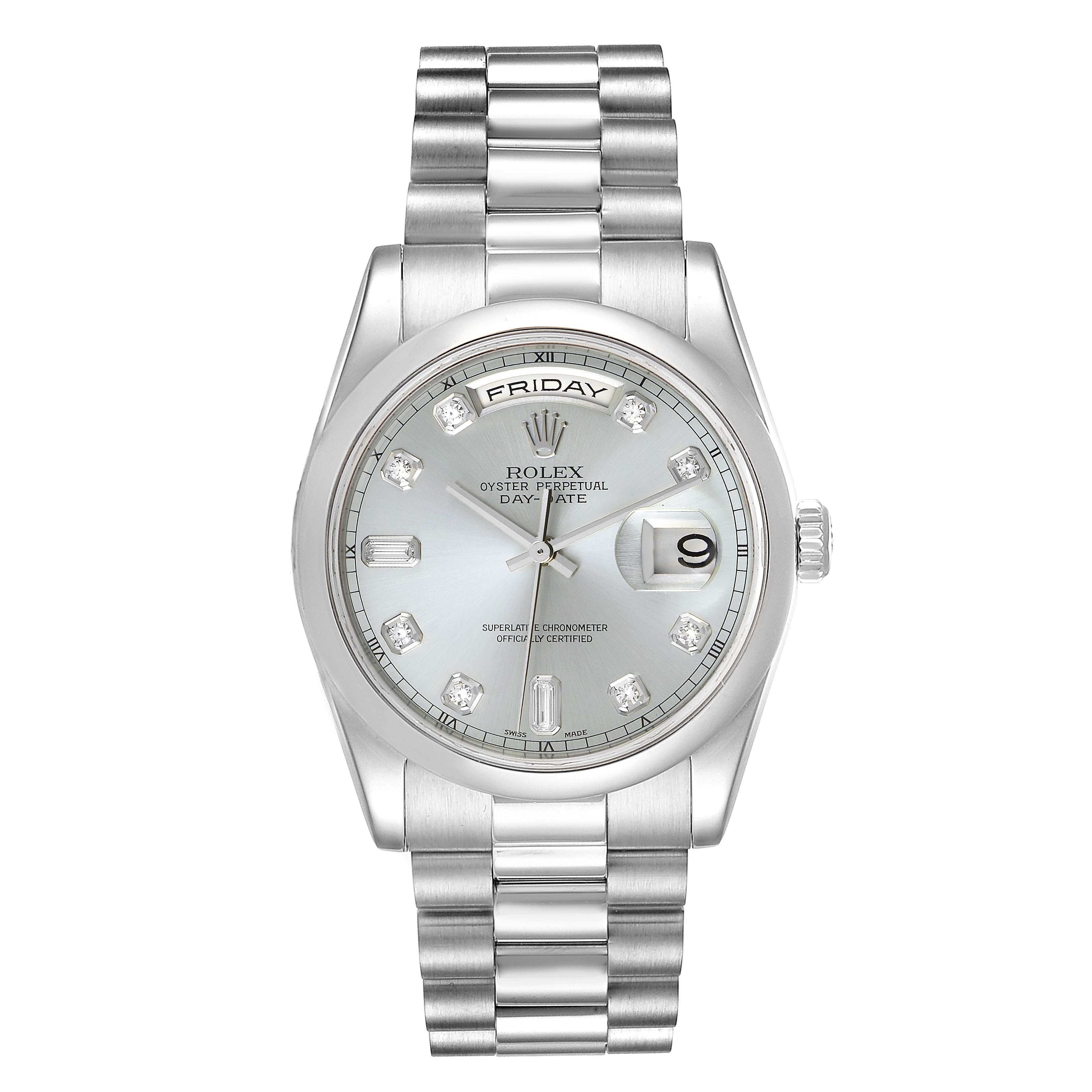 The image shows a front view of the Rolex President 118206 Men's Platinum Blue Dial 118206 Men's Platinum Blue Dial model watch, displaying the dial, day, and date features, and the bracelet.