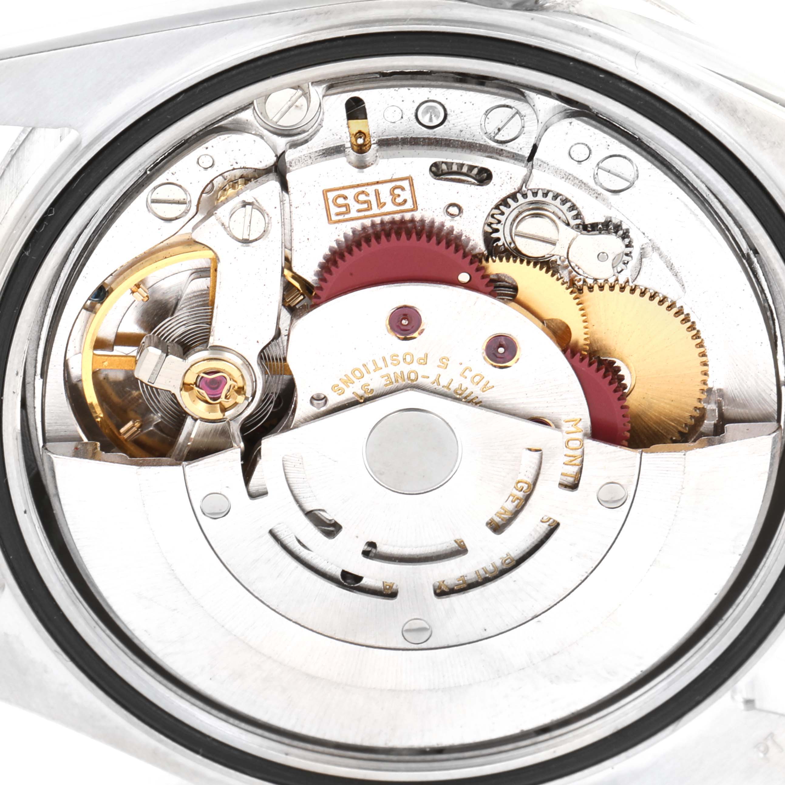 This image shows the internal mechanism of a Rolex President 118206 Men's Platinum Blue Dial 118206 Men's Platinum Blue Dial model watch, specifically the automatic movement components.