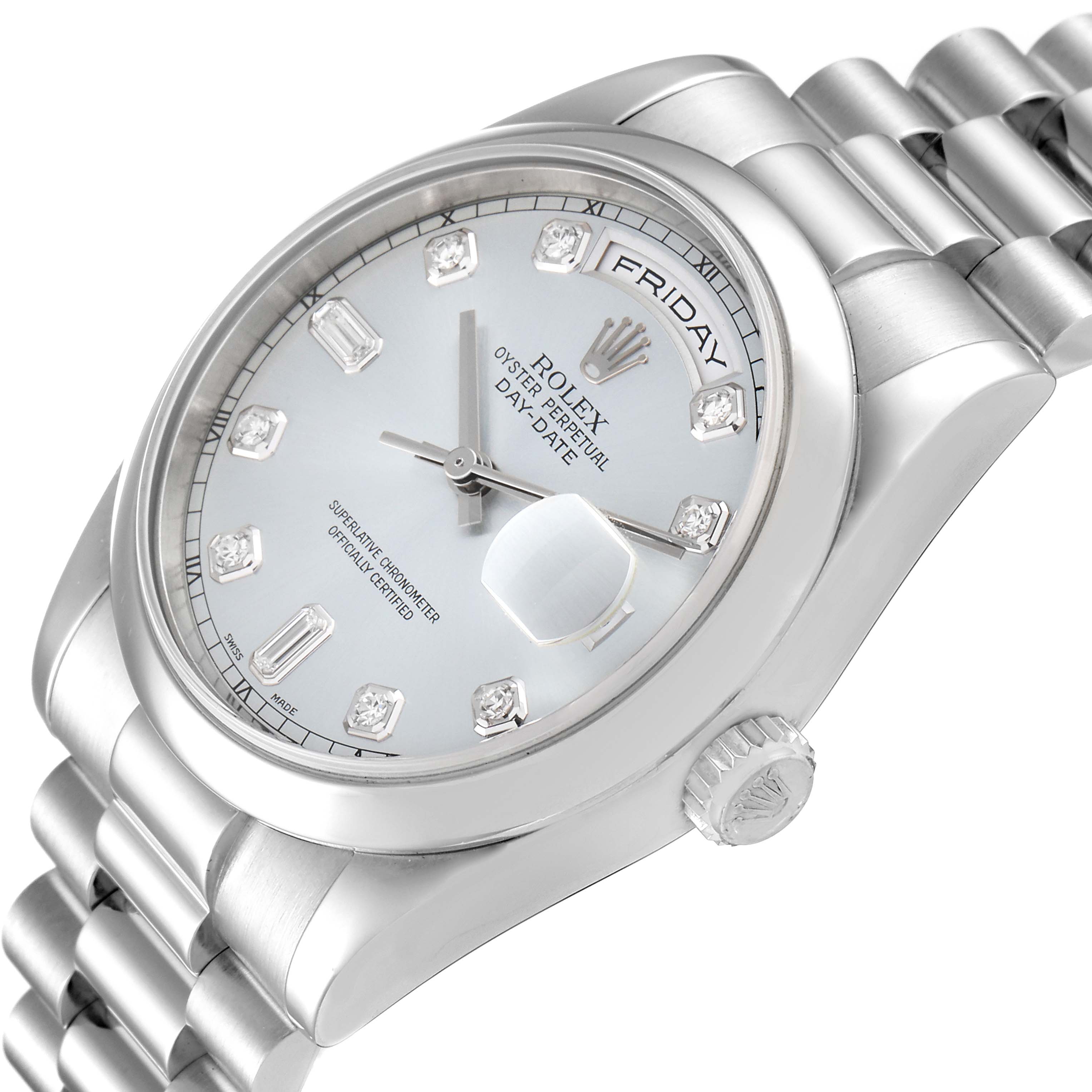 The image shows a close-up angle of a Rolex President 118206 Men's Platinum Blue Dial 118206 Men's Platinum Blue Dial model watch depicting its dial, bezel, and part of the bracelet.