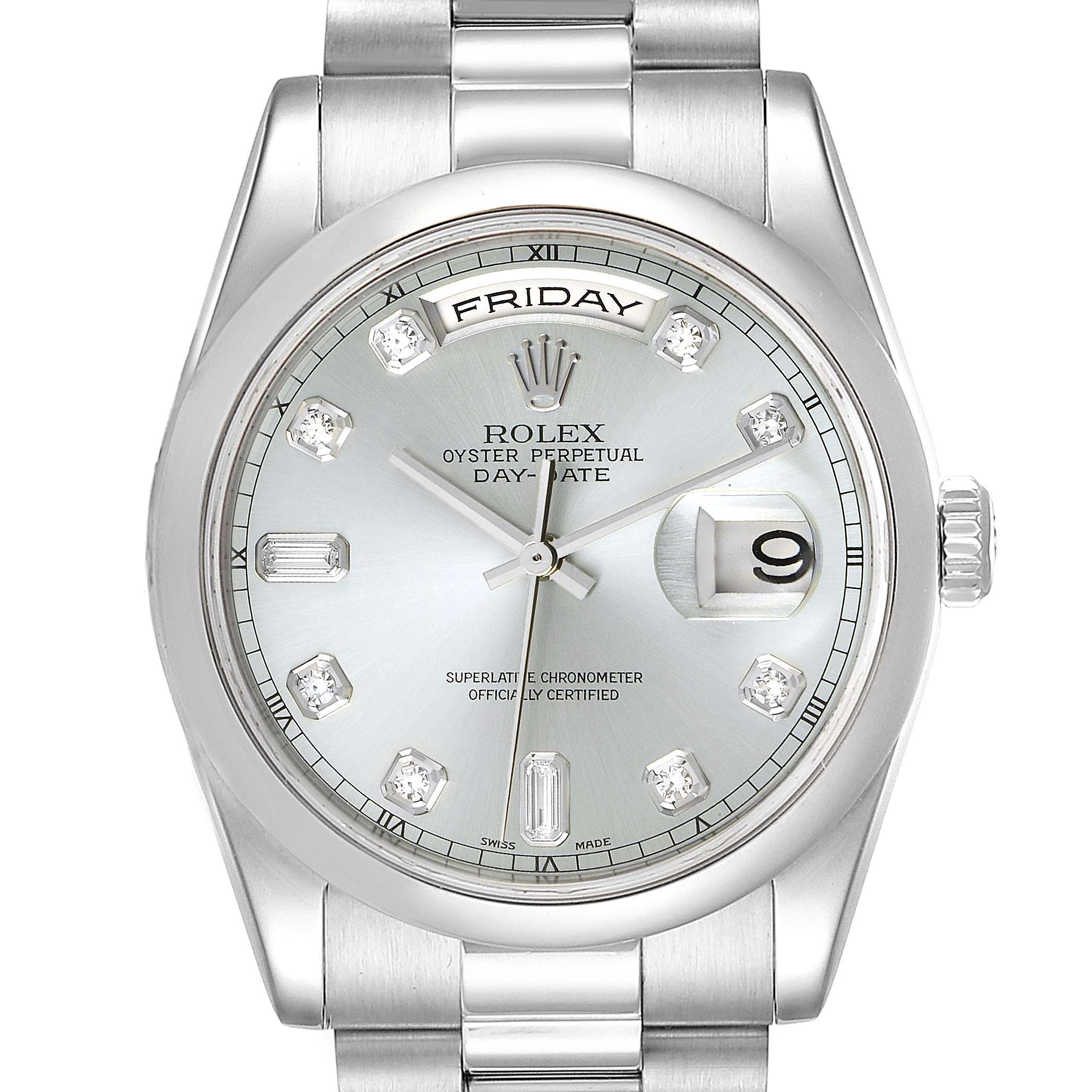 The image shows a head-on view of a Rolex President 118206 Men's Platinum Blue Dial 118206 Men's Platinum Blue Dial model watch, highlighting its face, bezel, crown, and part of the bracelet.
