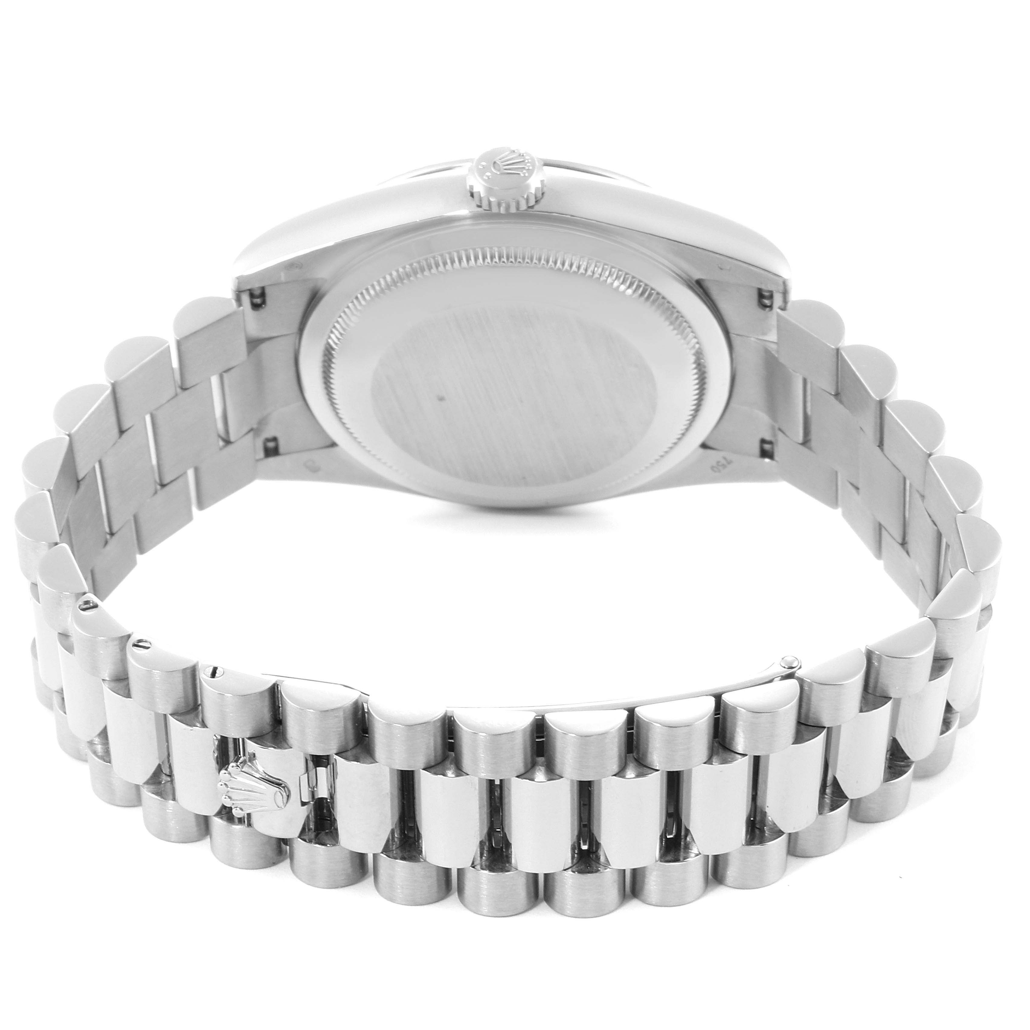 This is a rear angle showing the back case and bracelet of the Rolex President 118239 Men's White Gold Silver Dial 118239 Men's White Gold Silver Dial model watch.