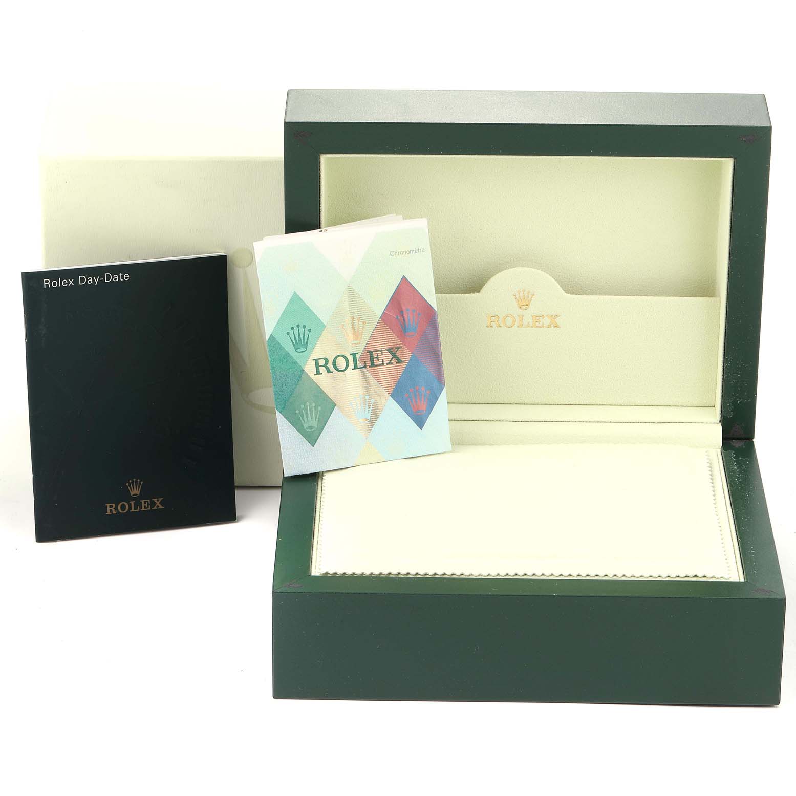 The image shows the open box and manuals for a Rolex President 118239 Men's White Gold Silver Dial 118239 Men's White Gold Silver Dial model watch from a straight-on angle.