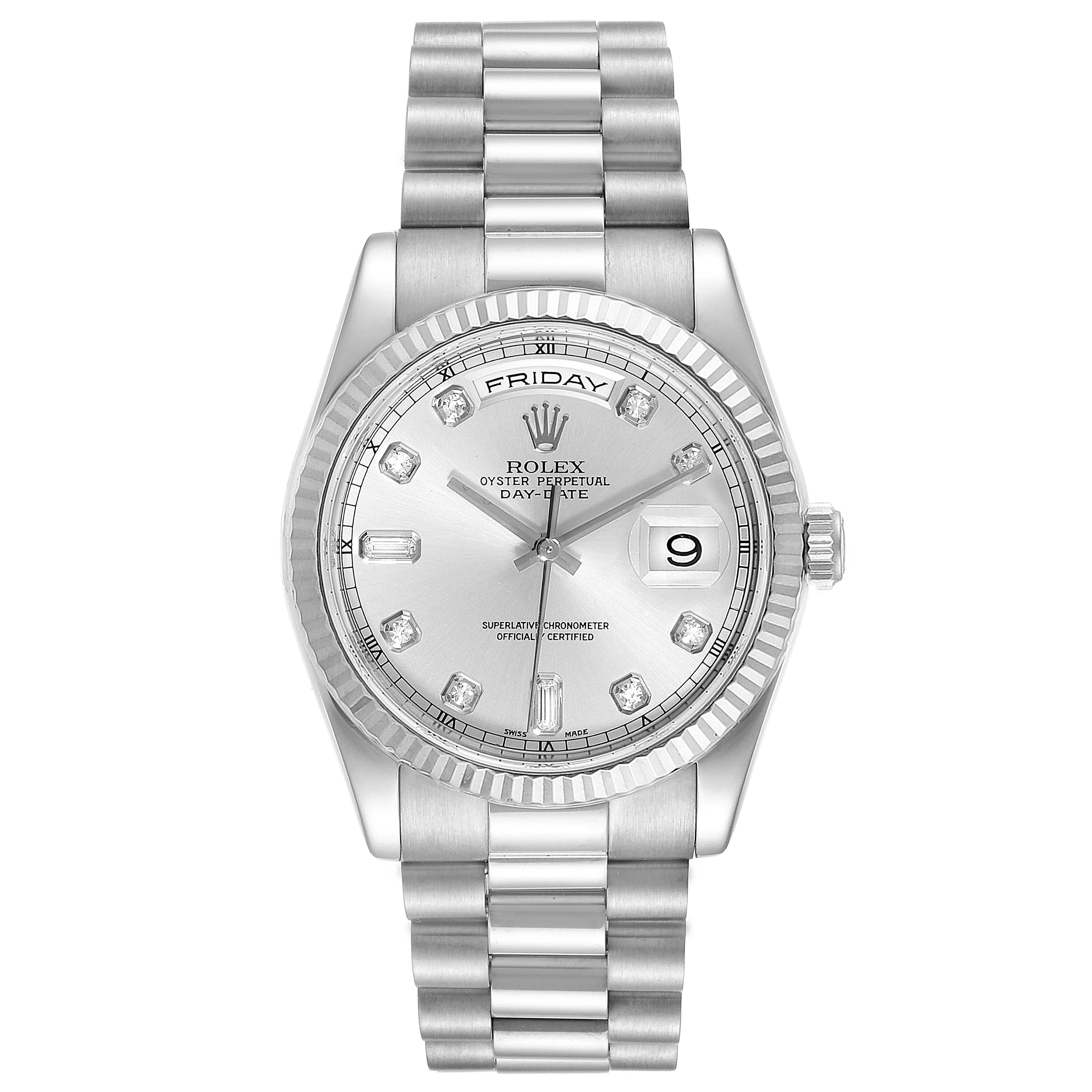 This image shows the front view of a Rolex President 118239 Men's White Gold Silver Dial 118239 Men's White Gold Silver Dial model watch, featuring the dial, bezel, and bracelet.
