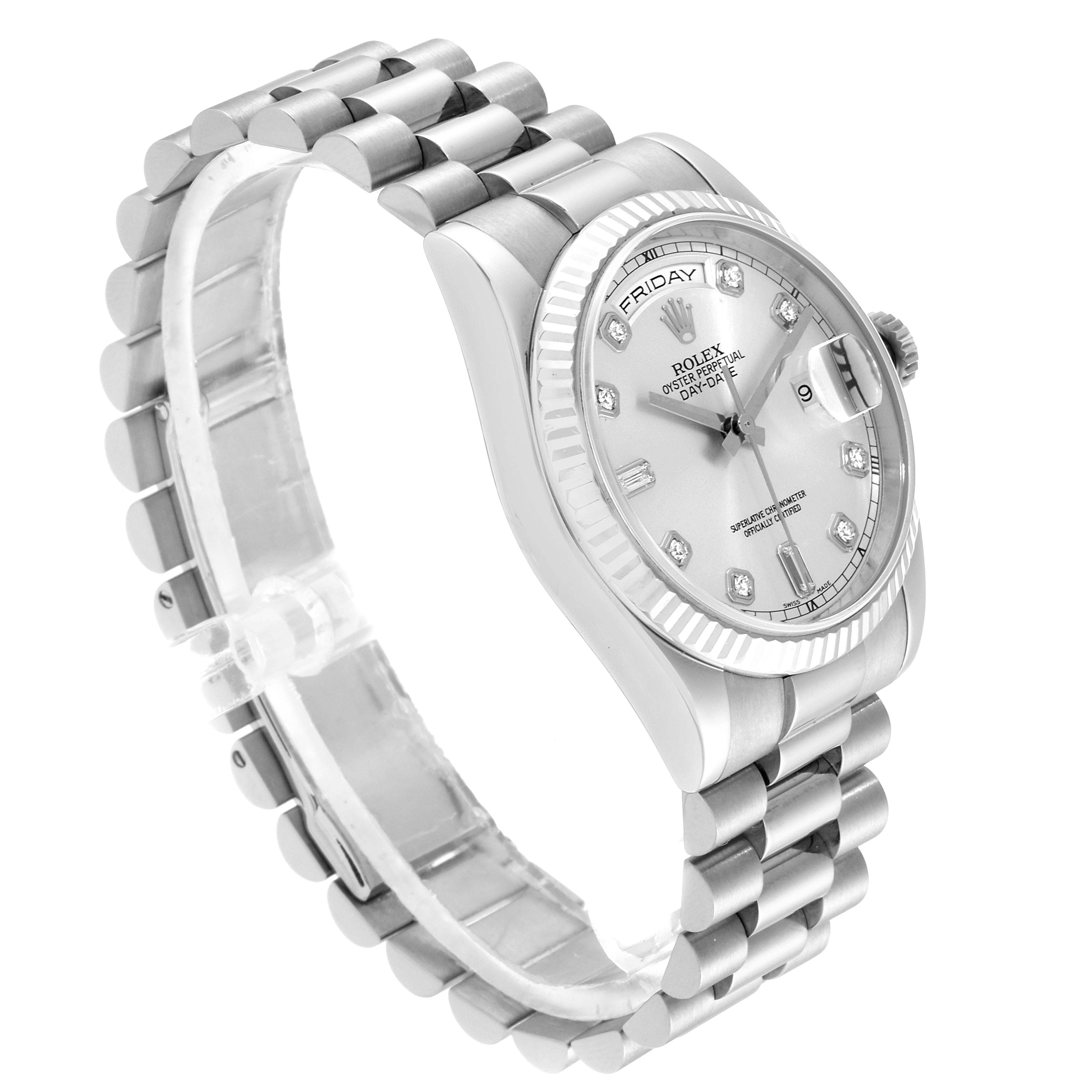 The image shows a Rolex President 118239 Men's White Gold Silver Dial 118239 Men's White Gold Silver Dial model watch at a three-quarter angle, highlighting its bracelet, bezel, and dial.