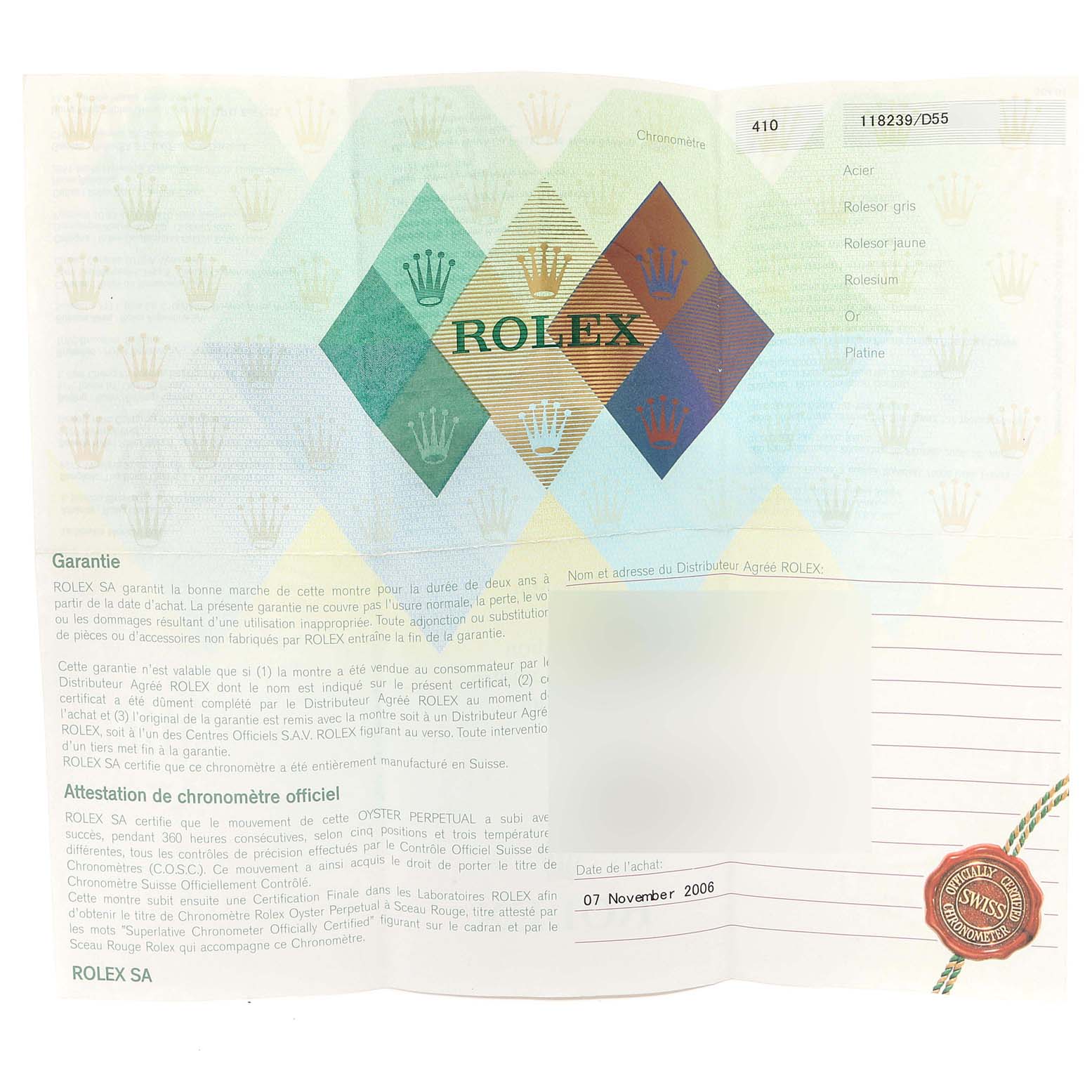 The image shows a Rolex President 118239 Men's White Gold Silver Dial 118239 Men's White Gold Silver Dial model warranty and authenticity booklet, featuring the Rolex brand and logo.