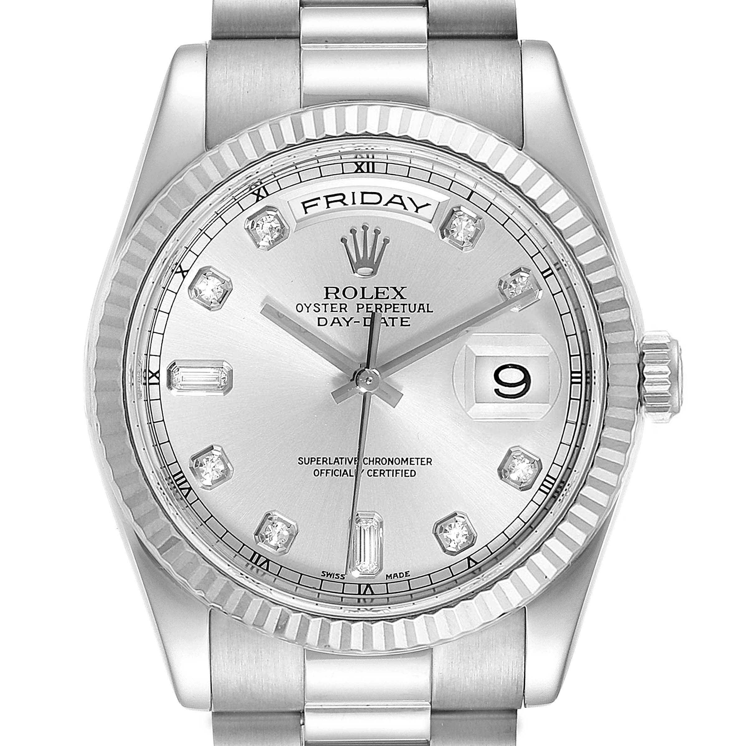 The image shows a front view of a Rolex President 118239 Men's White Gold Silver Dial 118239 Men's White Gold Silver Dial Oyster Perpetual Day-Date watch with a fluted bezel and diamond hour markers.