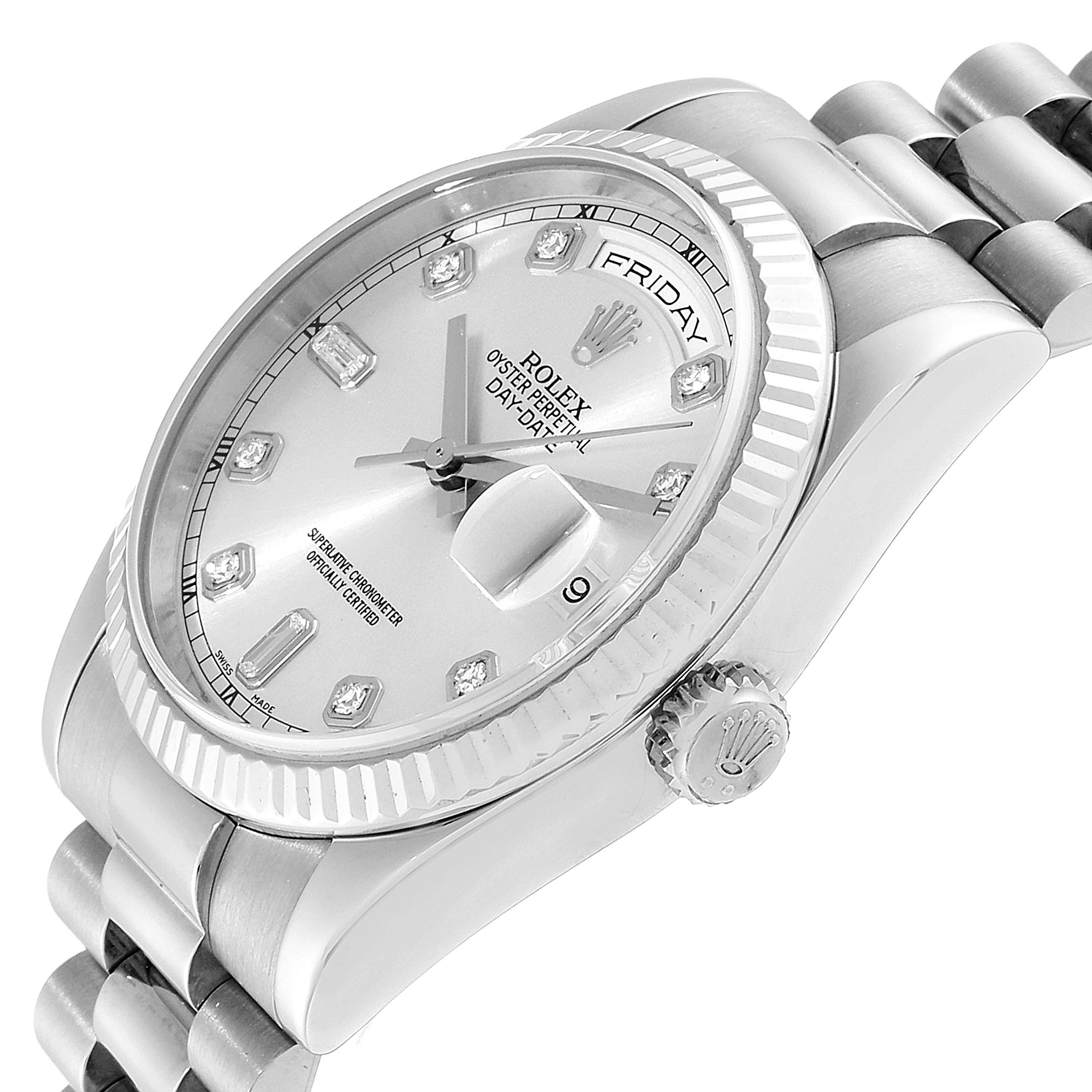 The image shows a Rolex President 118239 Men's White Gold Silver Dial 118239 Men's White Gold Silver Dial watch from a slight side angle, highlighting its face, bezel, and part of its bracelet.