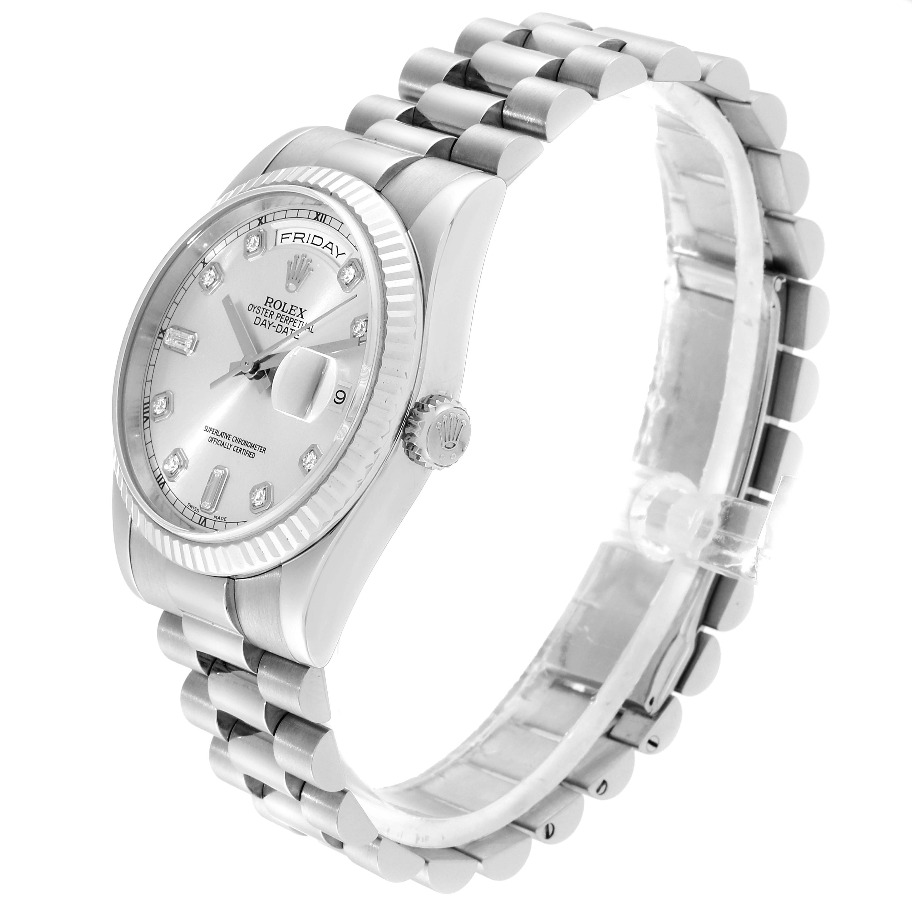 This image shows a Rolex President 118239 Men's White Gold Silver Dial 118239 Men's White Gold Silver Dial model watch from a front-left angle, highlighting the dial, bezel, crown, and bracelet.