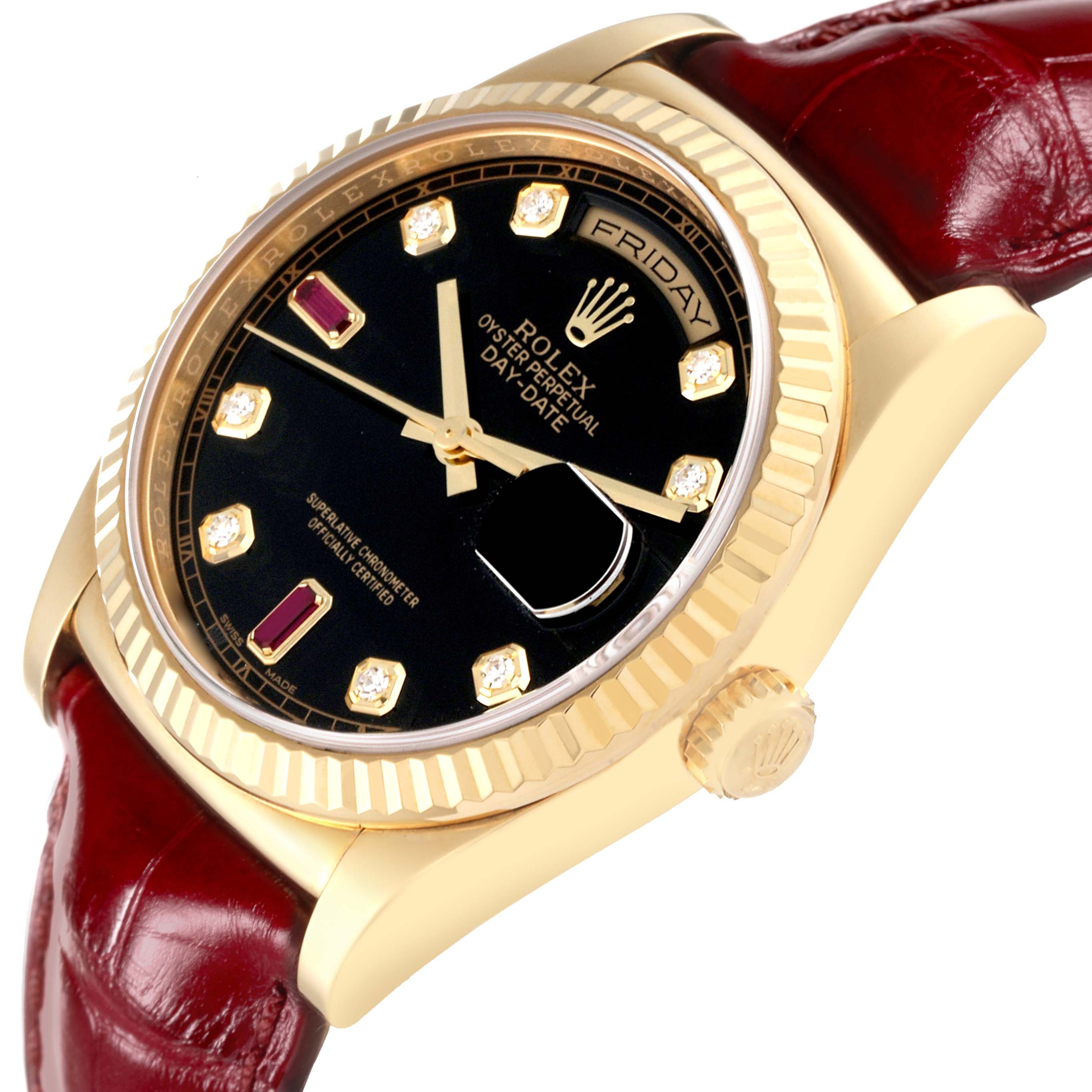 The image shows a close-up angle of a Rolex President 118138 Men's Yellow Gold Black Dial 118138 Men's Yellow Gold Black Dial watch, highlighting its gold case, black dial, and red leather strap.