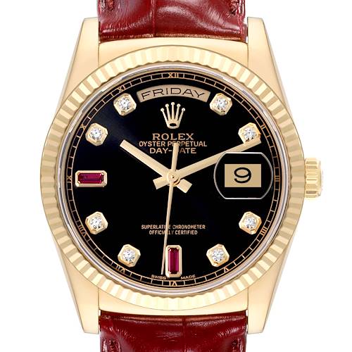 Photo of Rolex President Day Date Yellow Gold Diamond Ruby Mens Watch 118138 Box Card