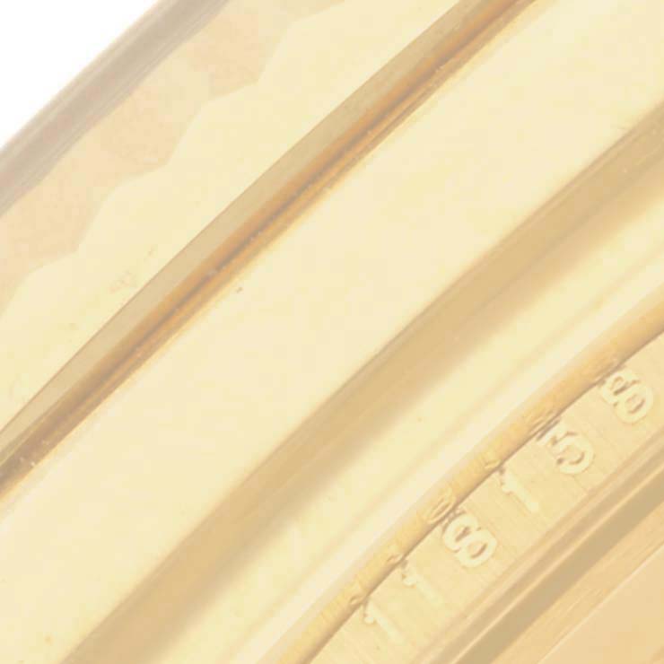 This close-up image shows the side view of the bezel and part of the case of a Rolex President 118138 Men's Yellow Gold Black Dial 118138 Men's Yellow Gold Black Dial model watch.