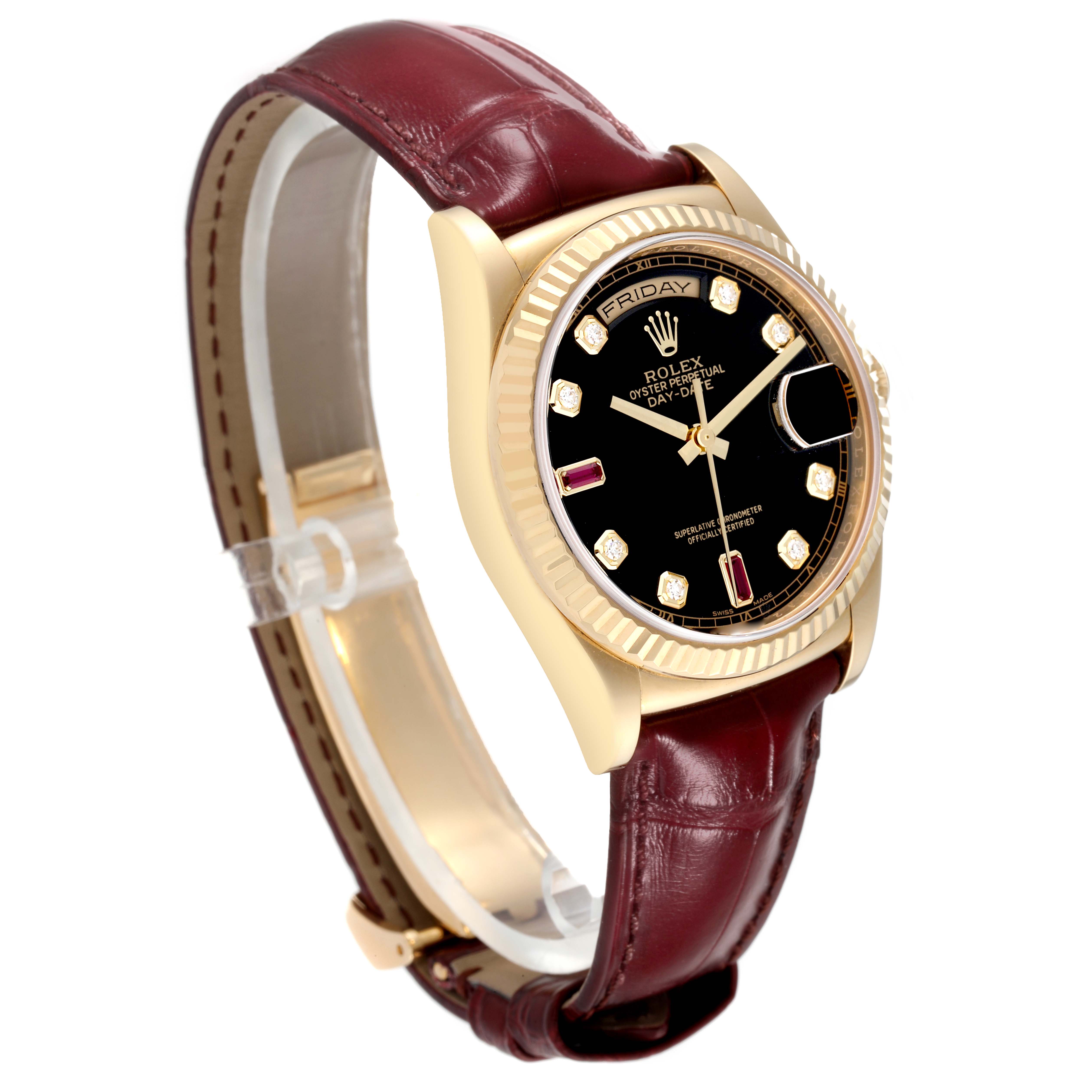 The image shows a side view of a Rolex President 118138 Men's Yellow Gold Black Dial 118138 Men's Yellow Gold Black Dial model watch with a gold case, black dial, and burgundy leather strap.