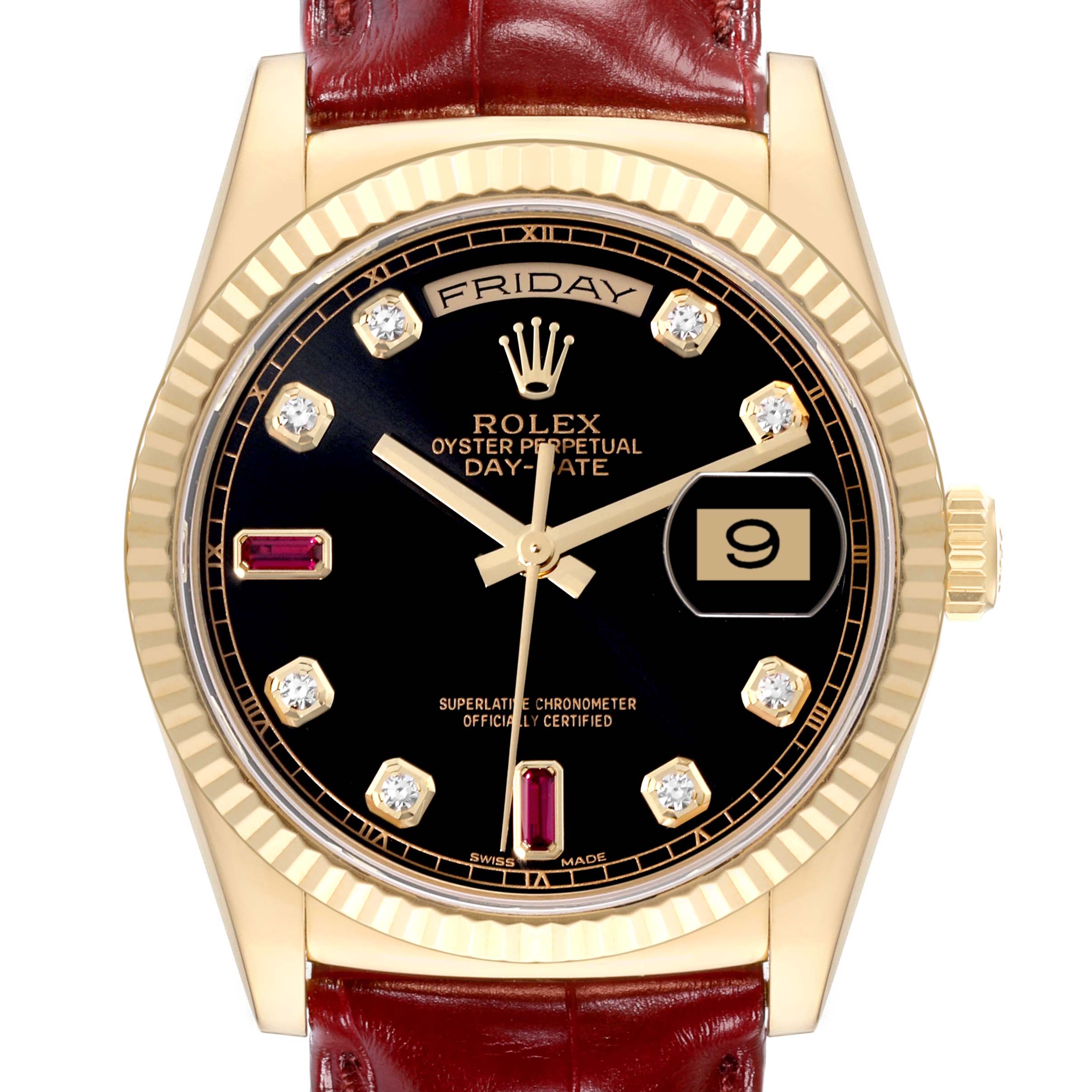 The Rolex President 118138 Men's Yellow Gold Black Dial 118138 Men's Yellow Gold Black Dial model watch is shown from the front, displaying the face, bezel, and part of the strap.