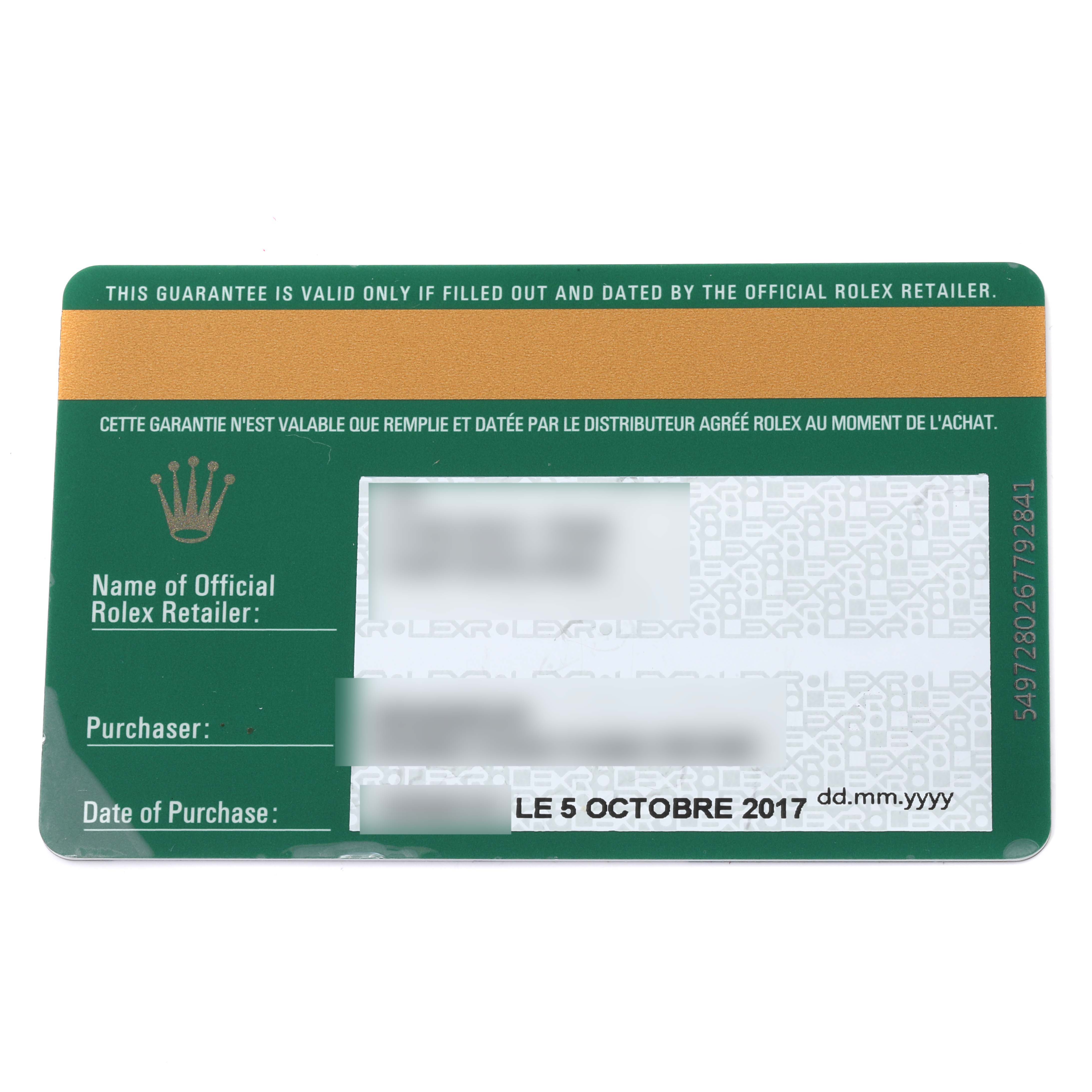 This image shows the warranty card of a Rolex President 118138 Men's Yellow Gold Black Dial 118138 Men's Yellow Gold Black Dial model, including retailer and purchase details.