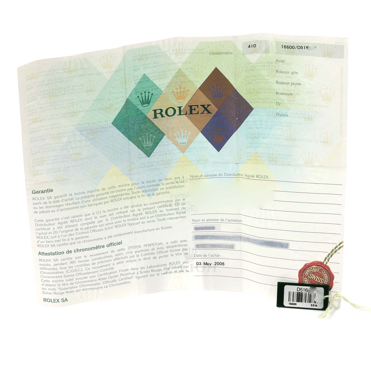 This image shows the warranty card and tag for a Rolex Sea-Dweller 16600 Men's Stainless Steel Black Dial 16600 Men's Stainless Steel Black Dial model.