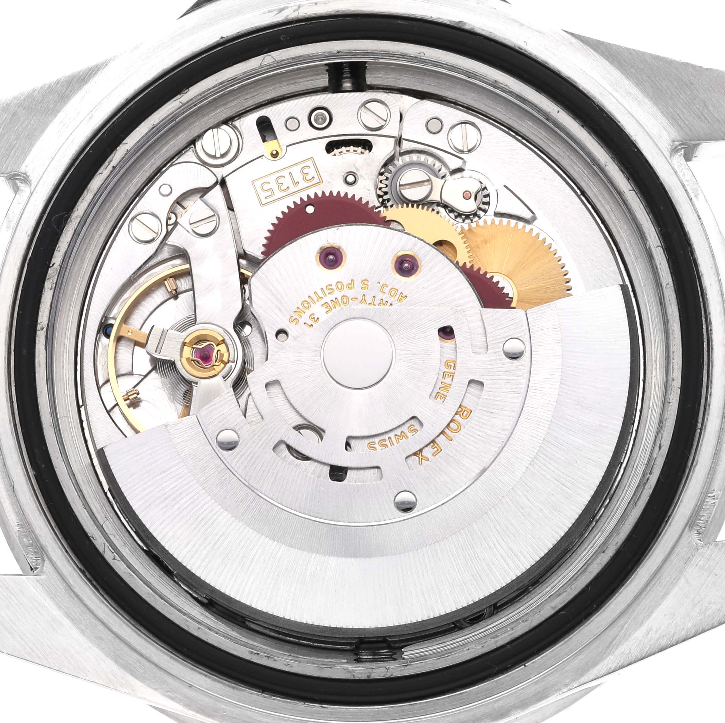 This image shows the inner mechanical movement of a Rolex Sea-Dweller 16600 Men's Stainless Steel Black Dial 16600 Men's Stainless Steel Black Dial watch viewed from the back.