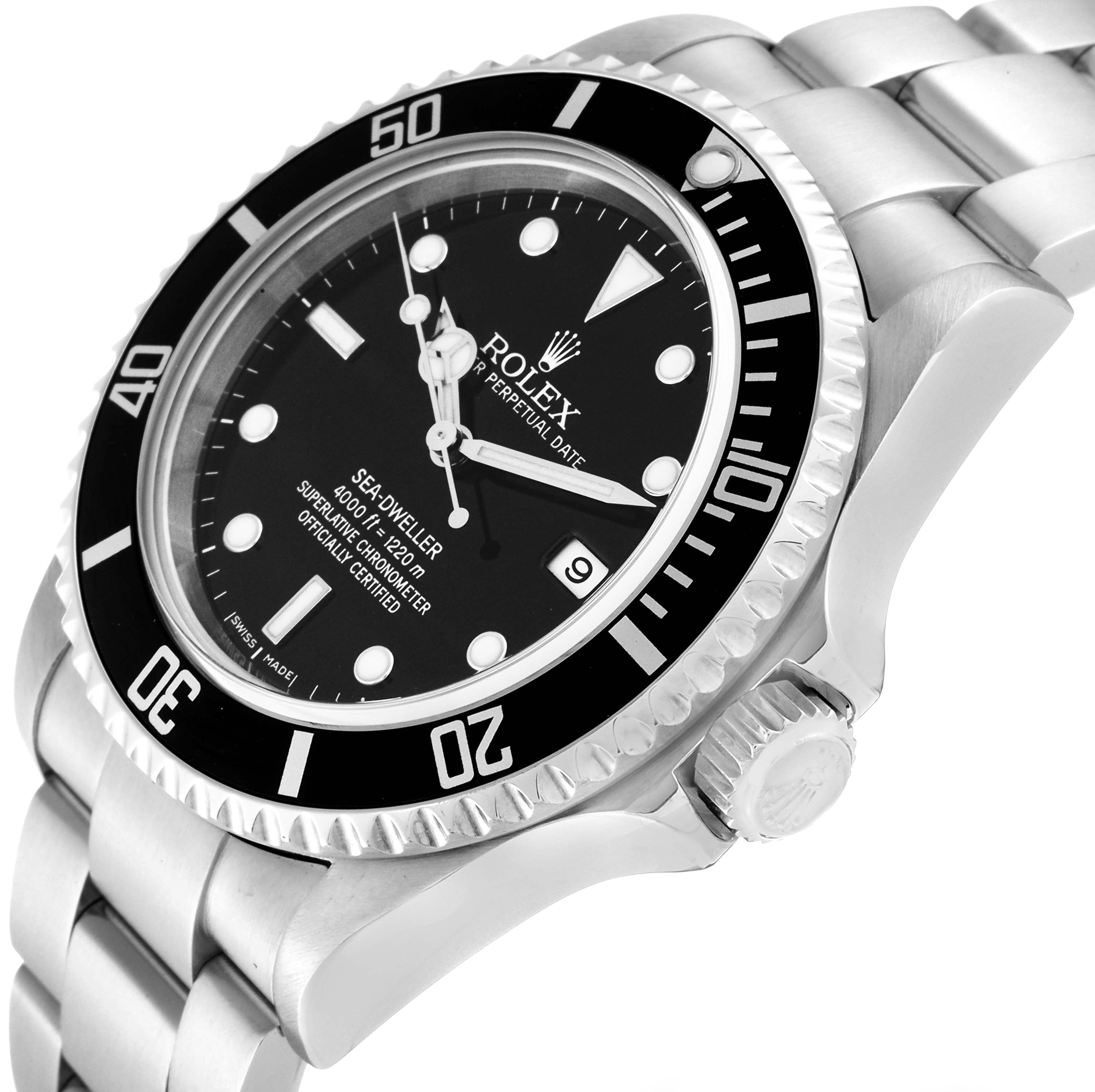 The image shows a Rolex Sea-Dweller 16600 Men's Stainless Steel Black Dial 16600 Men's Stainless Steel Black Dial watch at an angle, highlighting the black dial, bezel, and stainless steel bracelet.