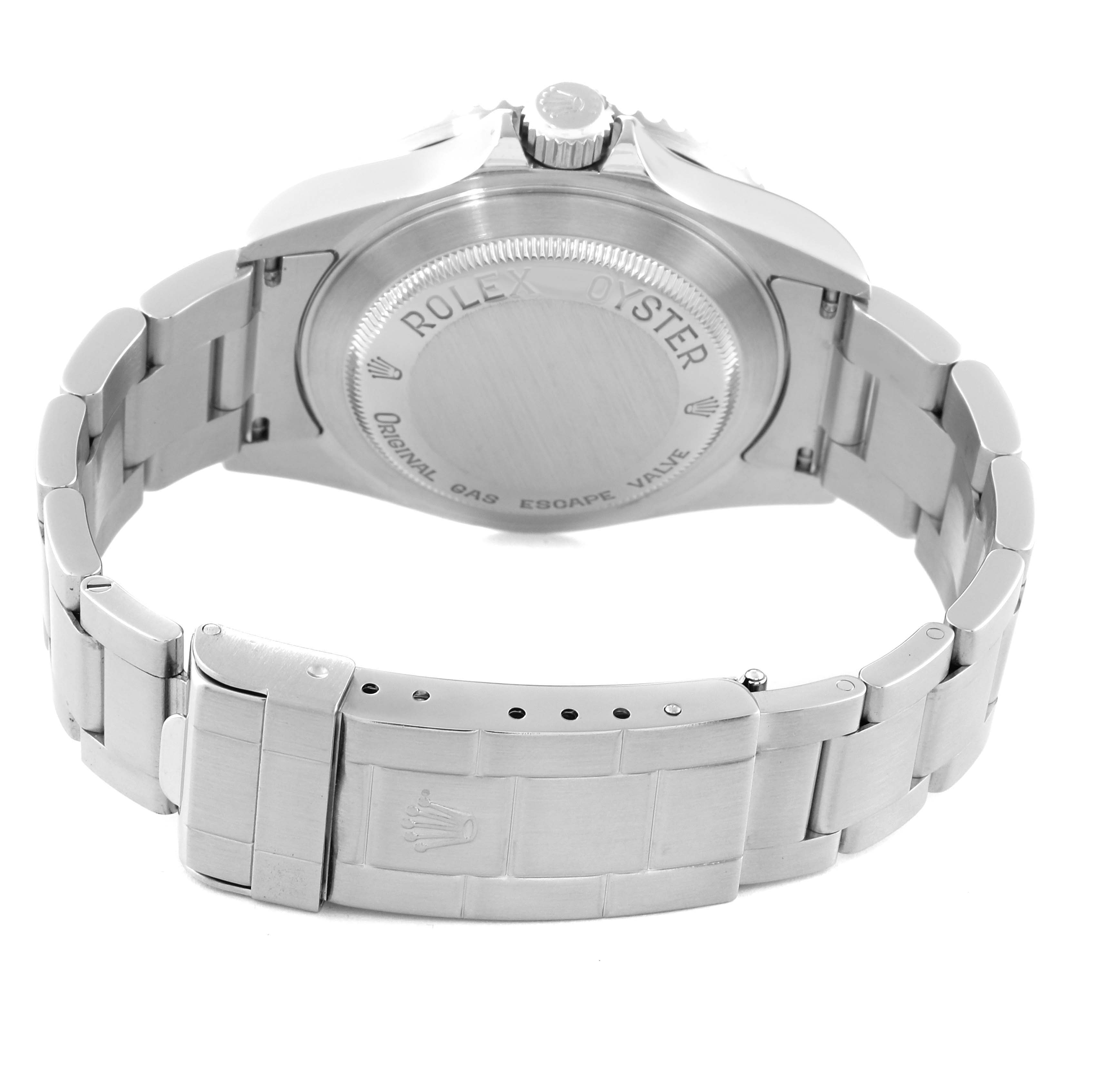 This image shows the back side of a Rolex Sea-Dweller 16600 Men's Stainless Steel Black Dial 16600 Men's Stainless Steel Black Dial watch, including the casing and part of the metal bracelet.