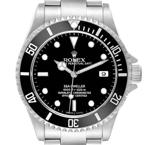 The image shows a front view of a Rolex Sea-Dweller watch, highlighting the dial, bezel, crown, and bracelet.