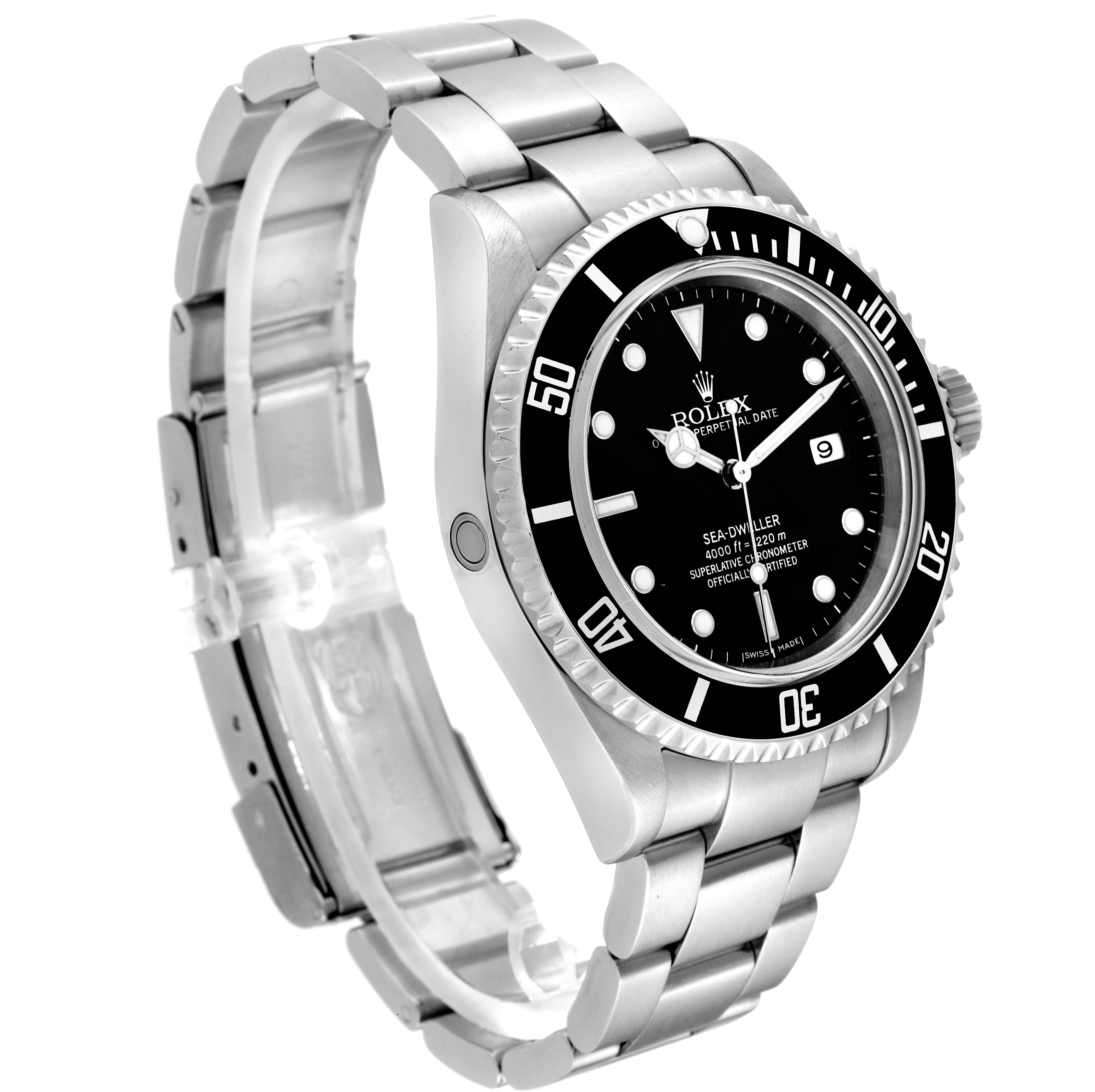 This image shows a Rolex Sea-Dweller 16600 Men's Stainless Steel Black Dial 16600 Men's Stainless Steel Black Dial watch from a 3/4 angle, highlighting the watch face, bezel, and stainless steel bracelet.