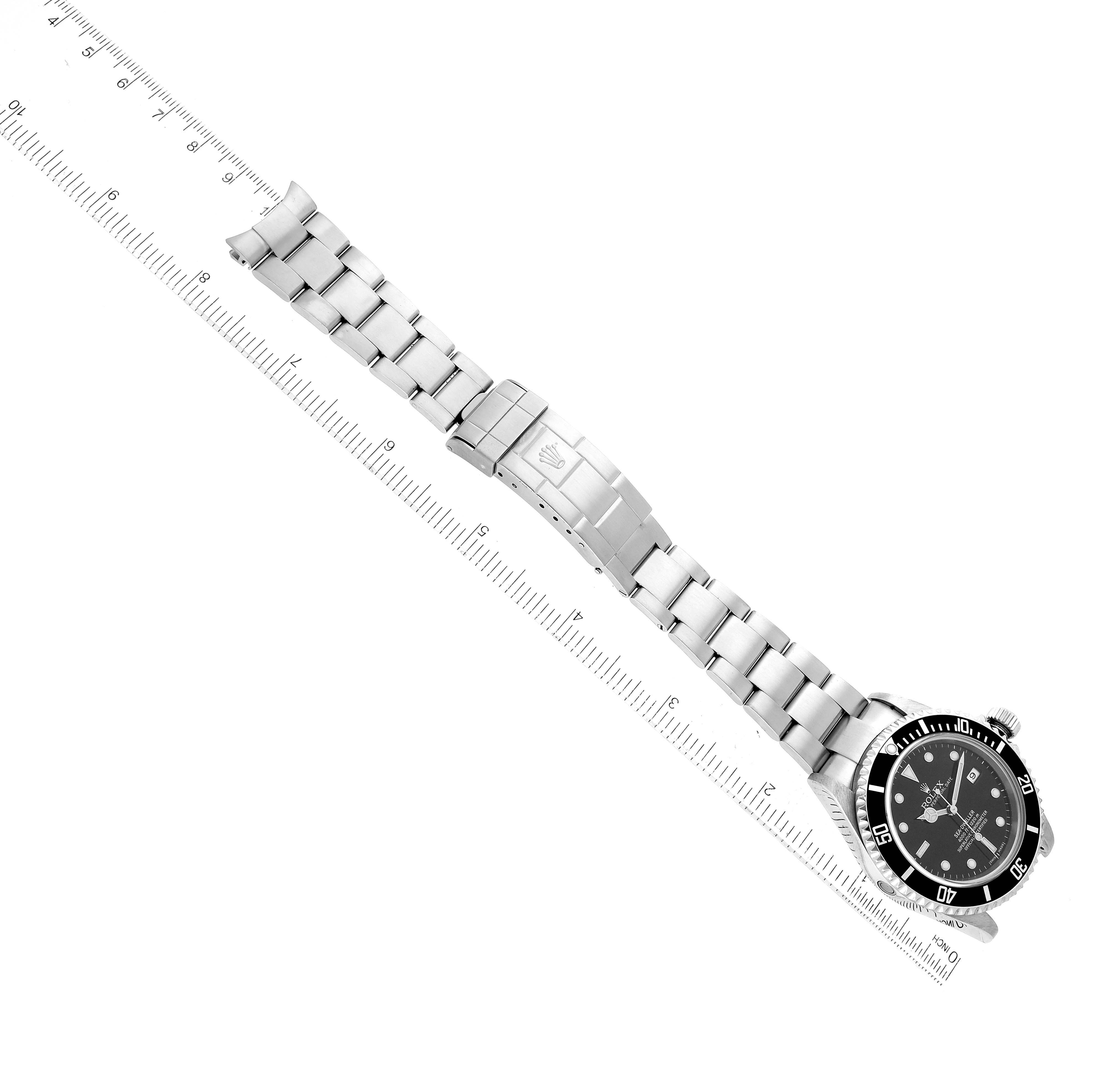 The image shows a top-down view of a Rolex Sea-Dweller 16600 Men's Stainless Steel Black Dial 16600 Men's Stainless Steel Black Dial watch, displaying the full bracelet, clasp, and watch face.