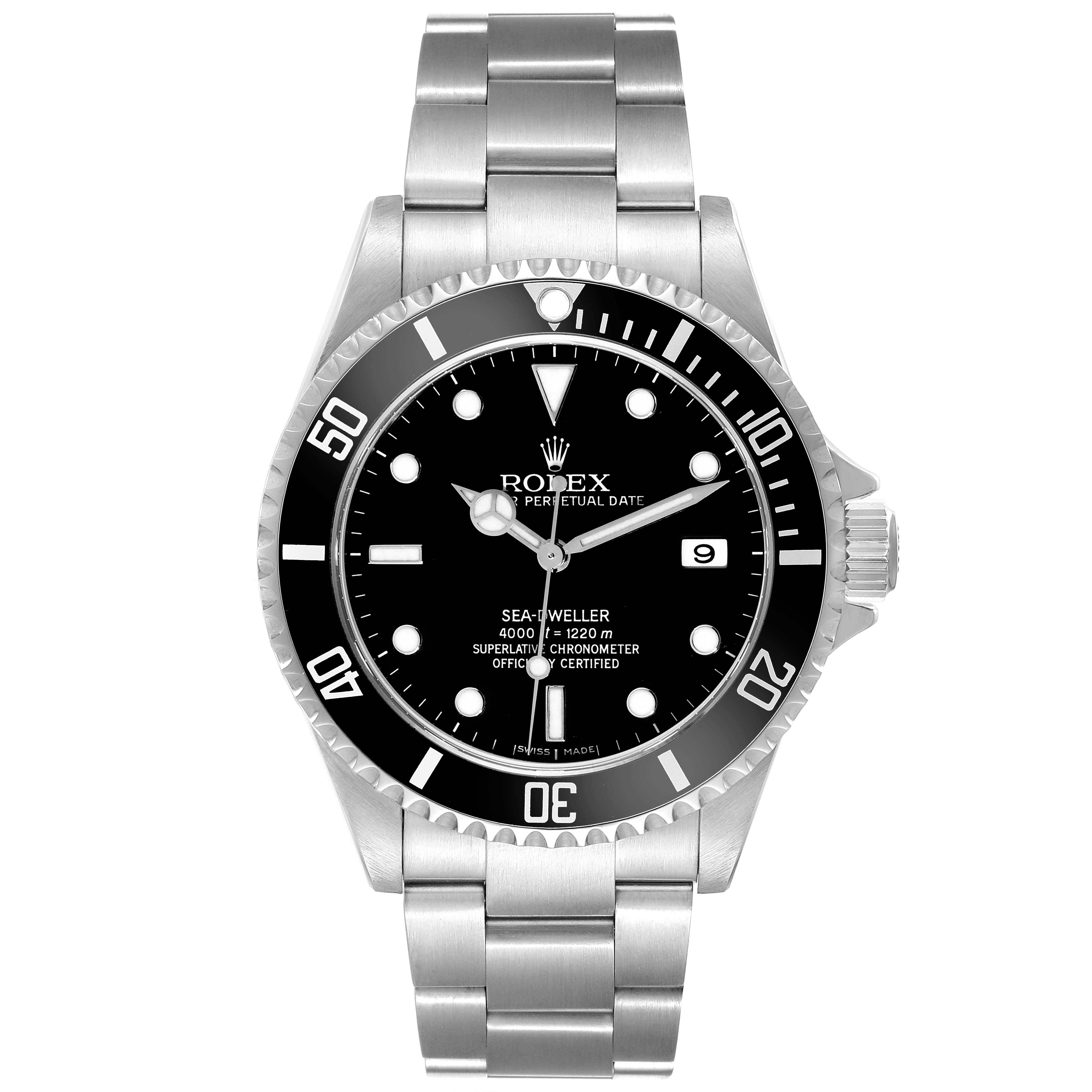 This is a front view of the Rolex Sea-Dweller 16600 Men's Stainless Steel Black Dial 16600 Men's Stainless Steel Black Dial watch showing its dial, bezel, crown, and stainless steel bracelet.
